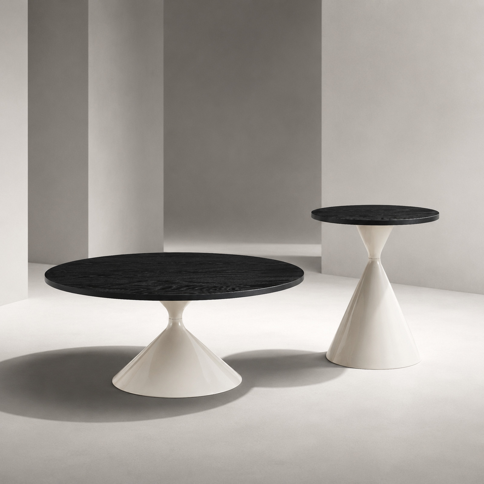 2-Piece Round Coffee Table Set Black White Patterned MDF Top Steel Base