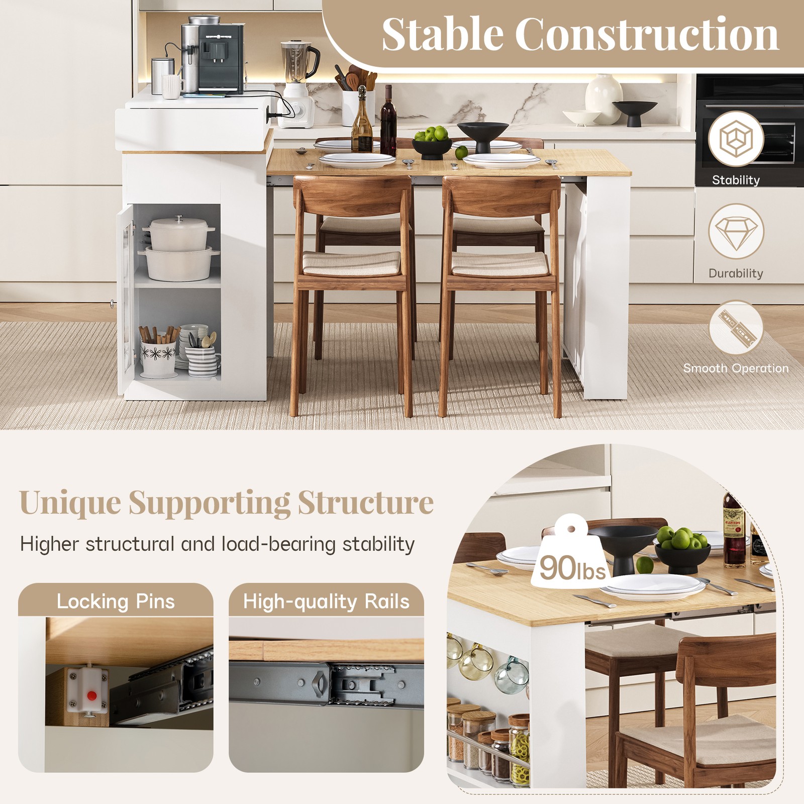 Extendable Dining Table with Folding Top, Drawers & Power Outlet