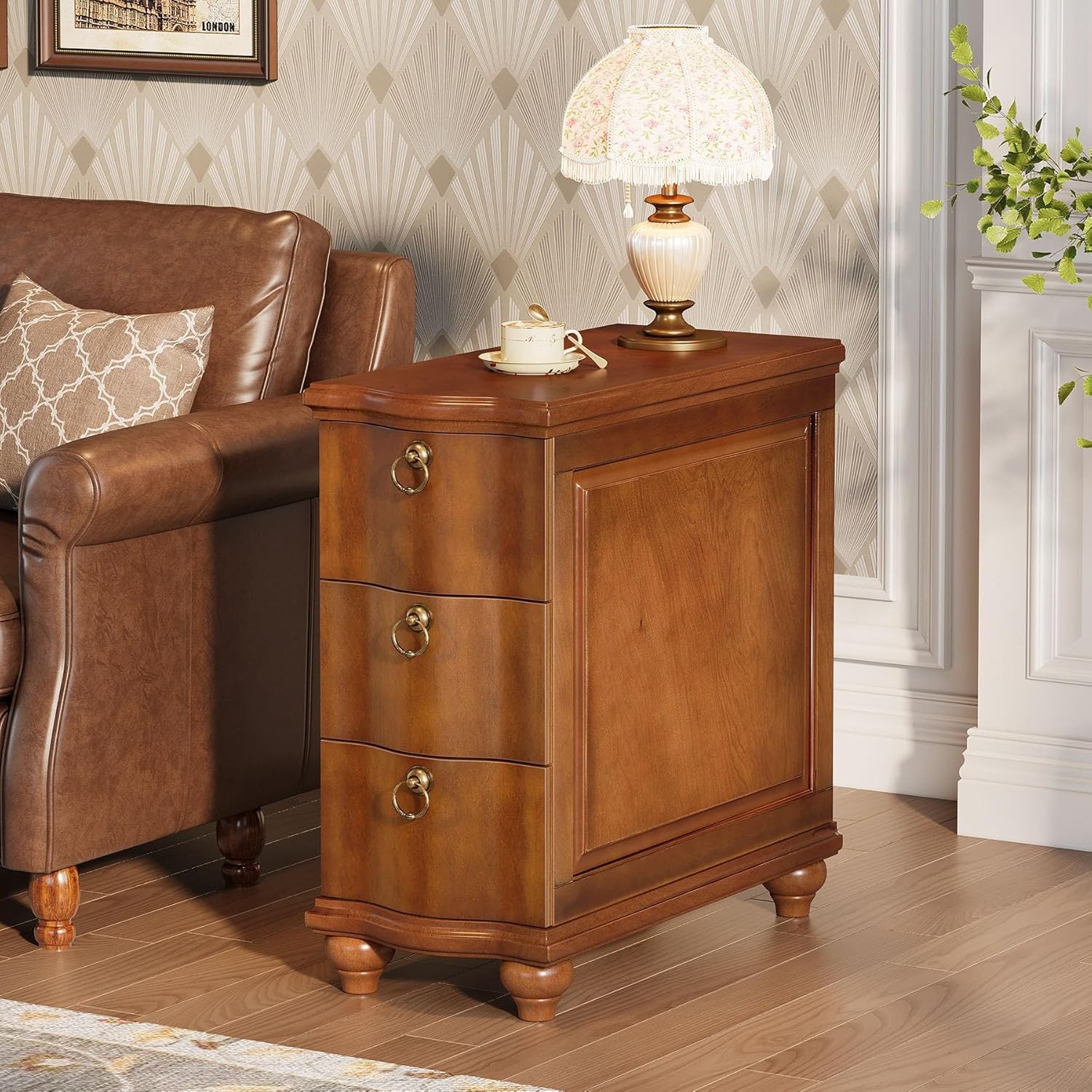 Wooden End Table with 3-Drawers, Fully Assembled Silm Side Table for Living Room