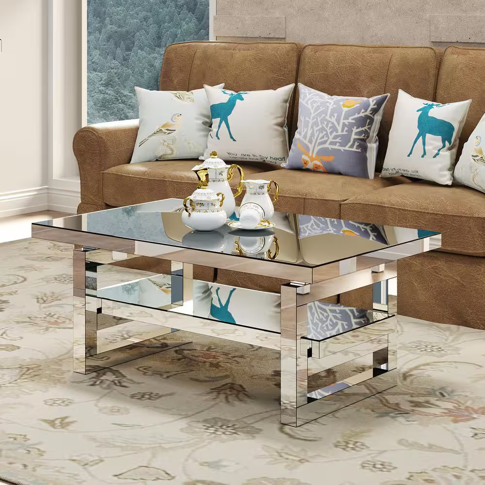 39 In. Silver Rectangle Mirror Glass Top Coffee Table with Shelf