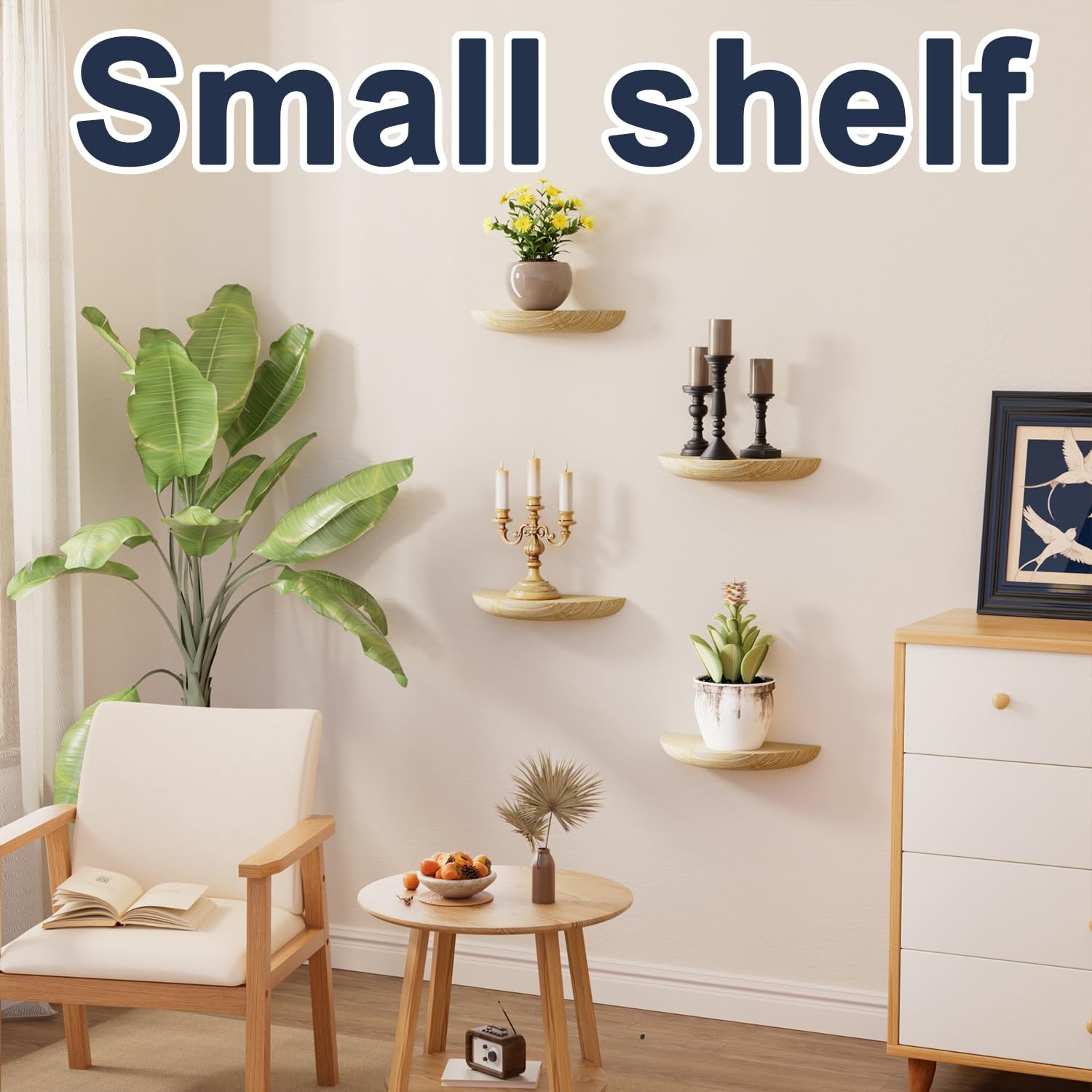 QsQueen Solid Wood Half Round Floating Wall Shelves | 2 Pcs, Light Brown