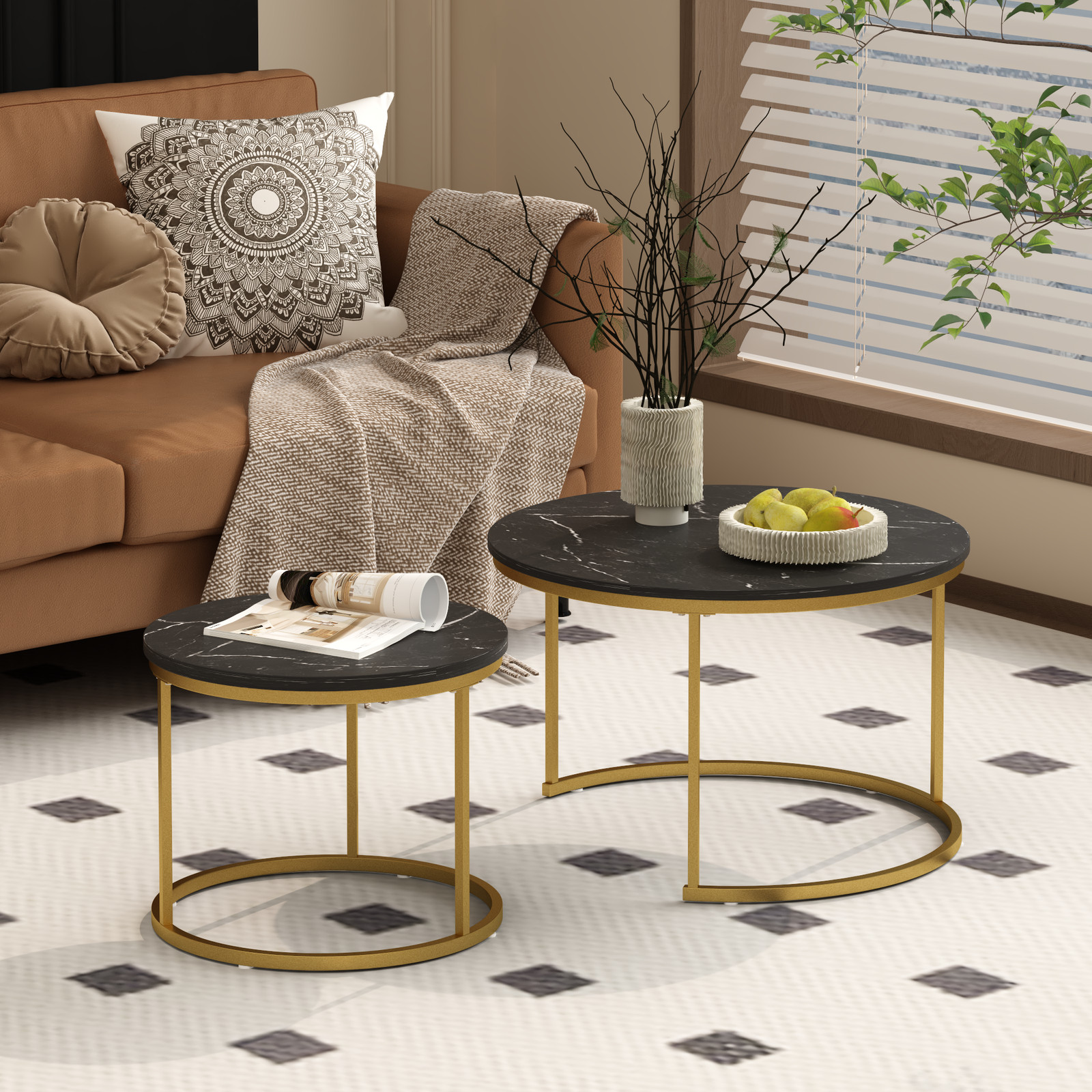 27.6″ Round Nesting Coffee Table Set of 2, Wood Marble Top, Metal Frame, Black