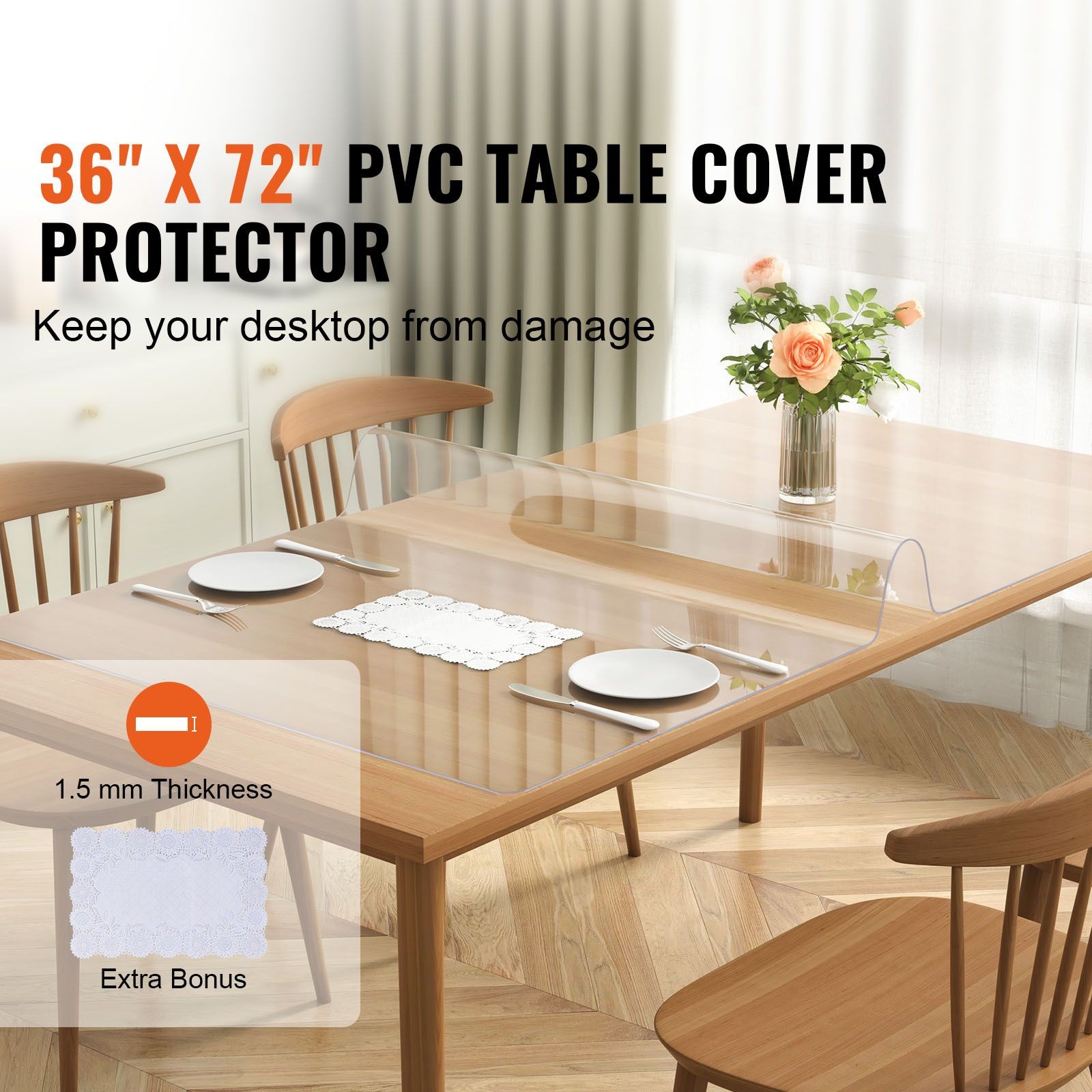 Clear Table Cover Protector, 36″ x 72″ Rectangle Table Cover, 1.5 mm Thick PVC