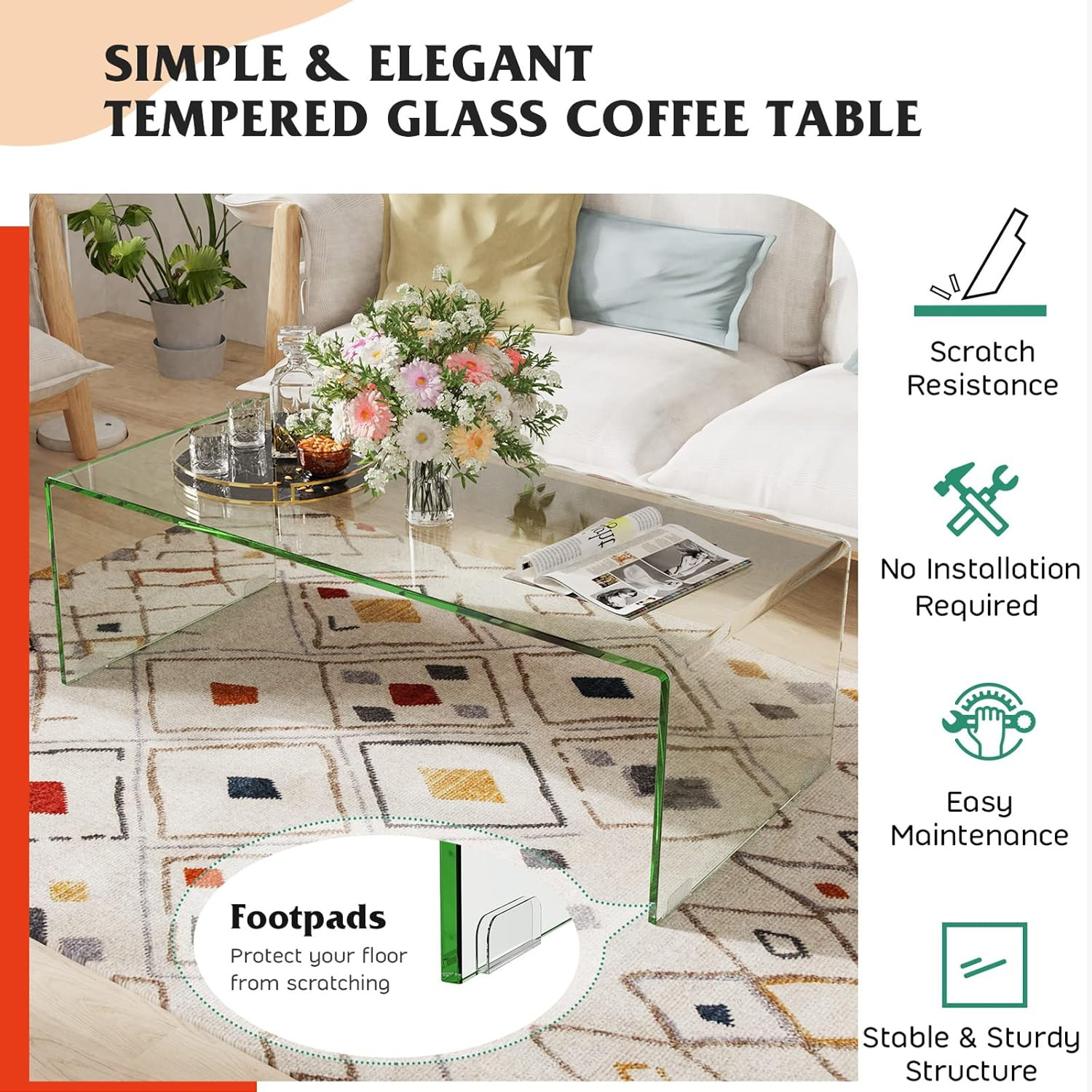 Modern Glass Coffee Table with Rounded Edges – Clear Tempered Glass 42.5″ L