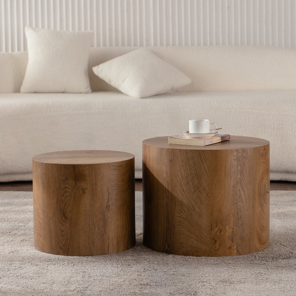 Set of 2 Round Nesting Coffee Tables, Wooden, Modern for Small Space