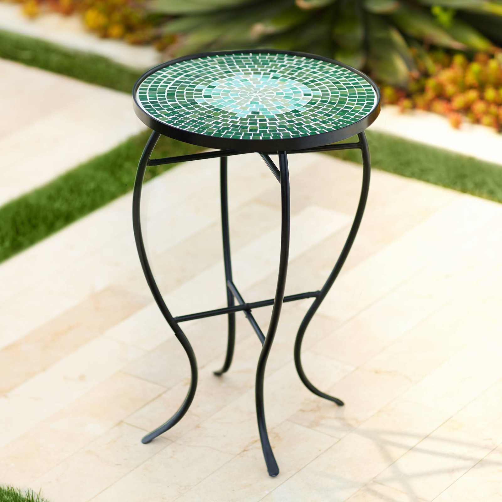 Modern Black Round Outdoor Accent Table 14″ Wide Green Mosaic for Porch Patio