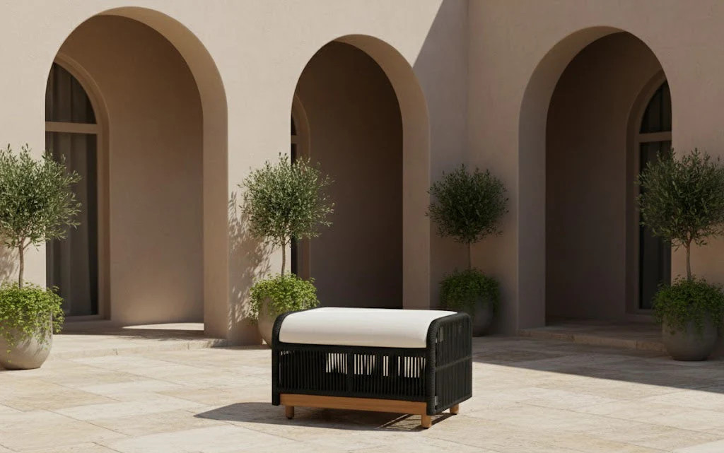 Alpine Teak Wood Outdoor Ottoman with Black – Rope Design