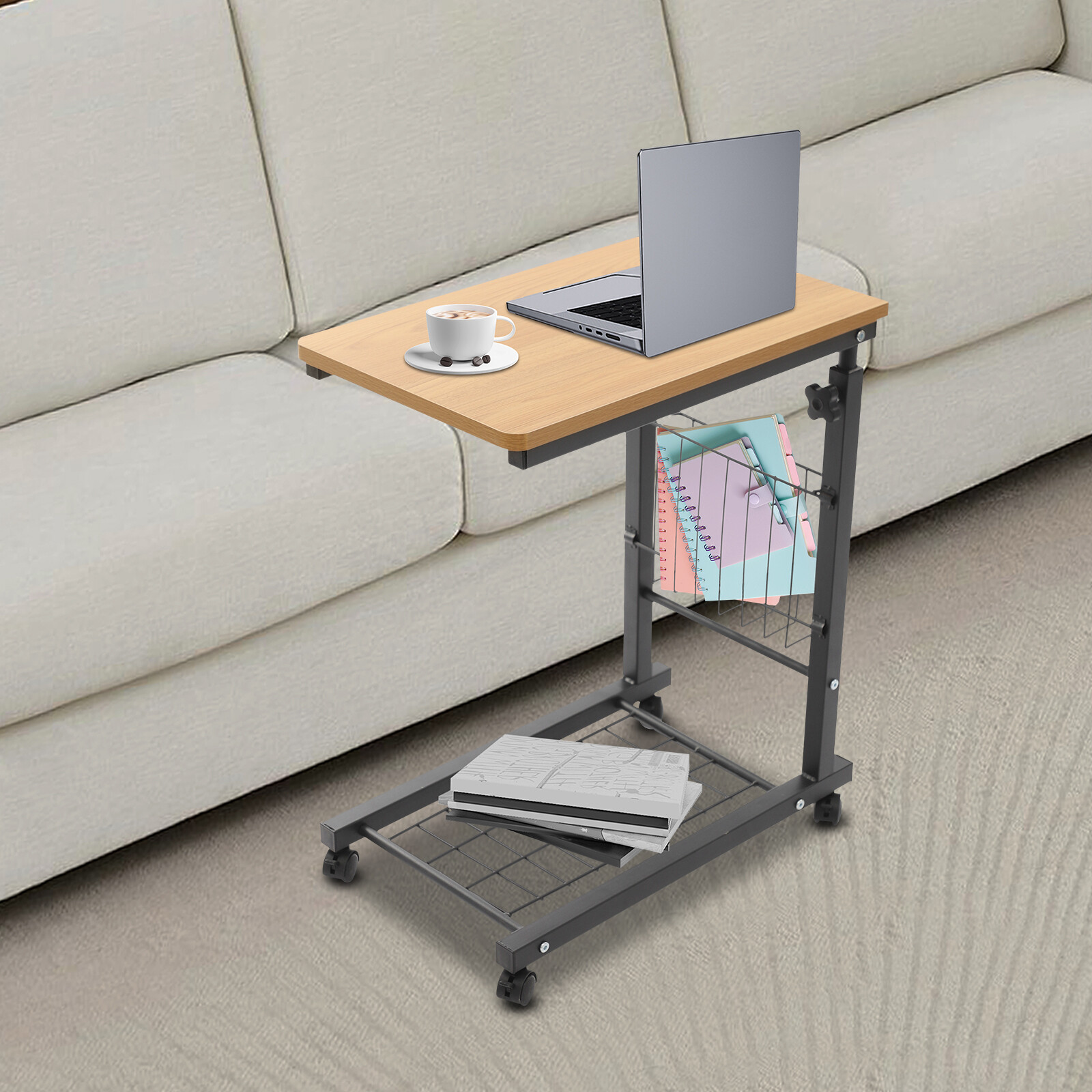 2 Tiers Adjustable Bed Side Table Teak Color Mobile Standalone Table w/ Wheels