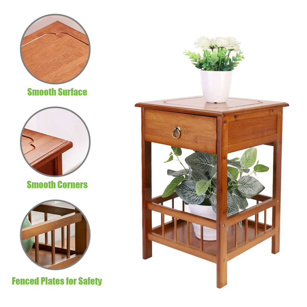 Rustic Side End Table Night Stand with Shelves & Drawer for Bedroom Living Room
