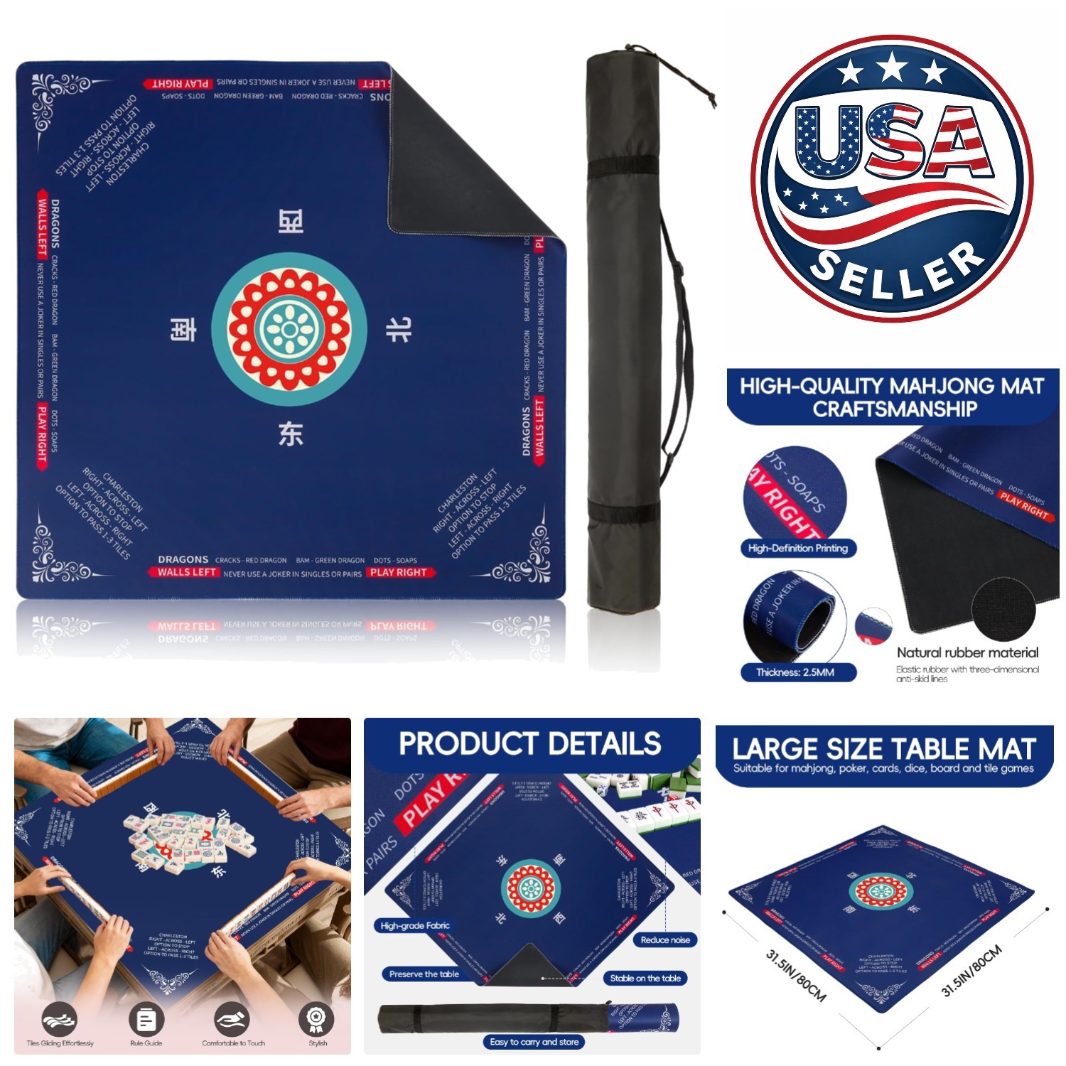Luxury Non-Slip Gaming Mat 31.5”x31.5” with Portable Carry Bag – Navy Design