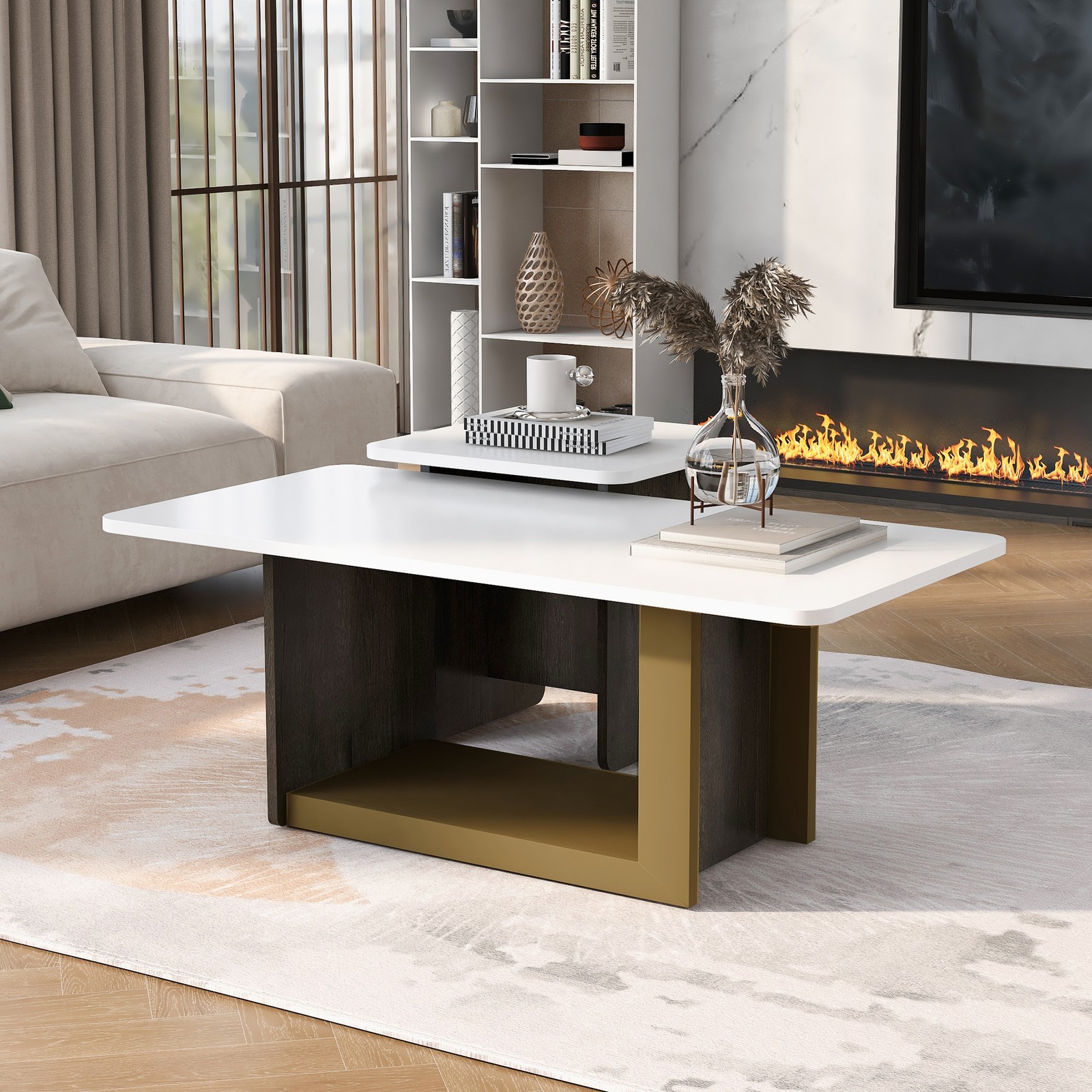 Modern Coffee Table Set of 2, Square White MDF & Metal, 47.2″ & 19.7″
