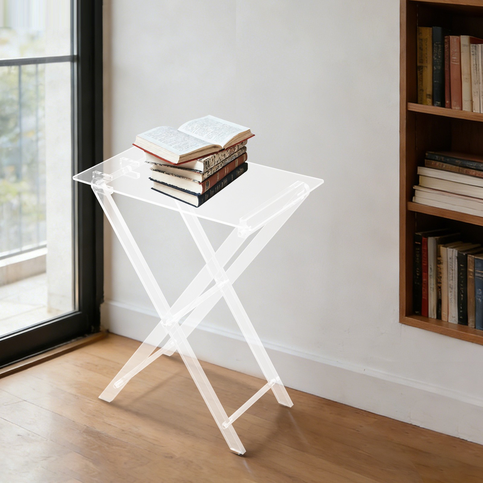 Acrylic Folding Tray Table Rectangular Acrylic End Table Folding X-Leg Clear