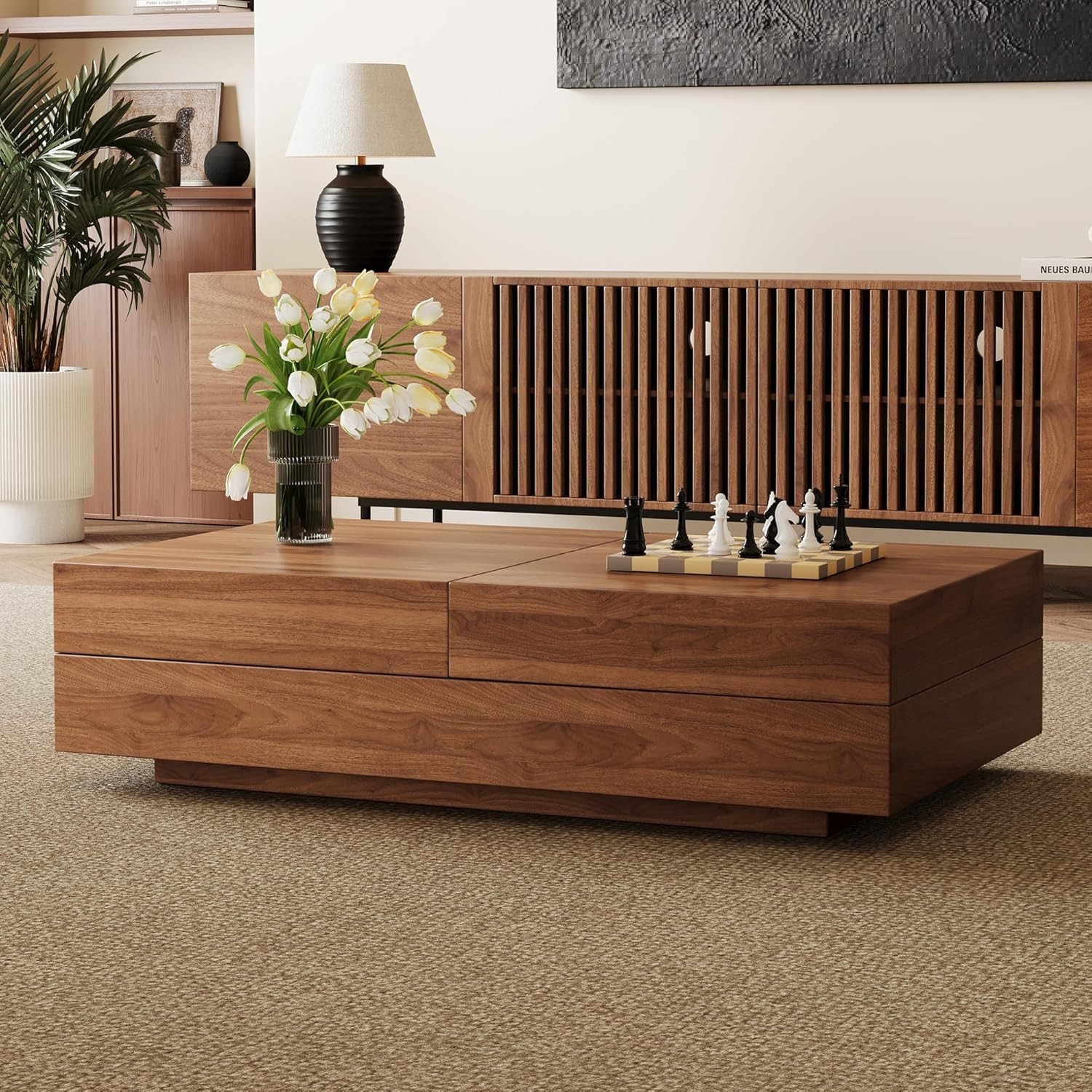 Mid Century Coffee Table with Storage Adjustable Table for Living Room Walnut
