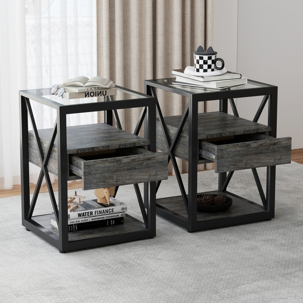 2x Rustic Wood End Table w/ Drawer & Glass Top, Industrial Nightstand