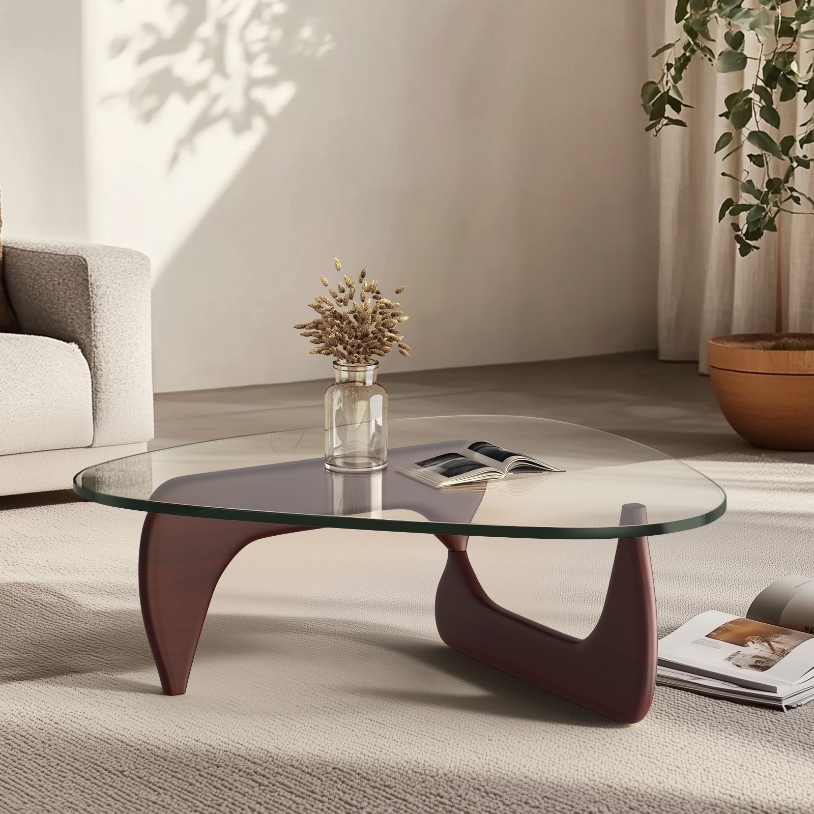 Classic Triangle Coffee Table in Walnut Mid Century Modern Glass Top Solid Wood