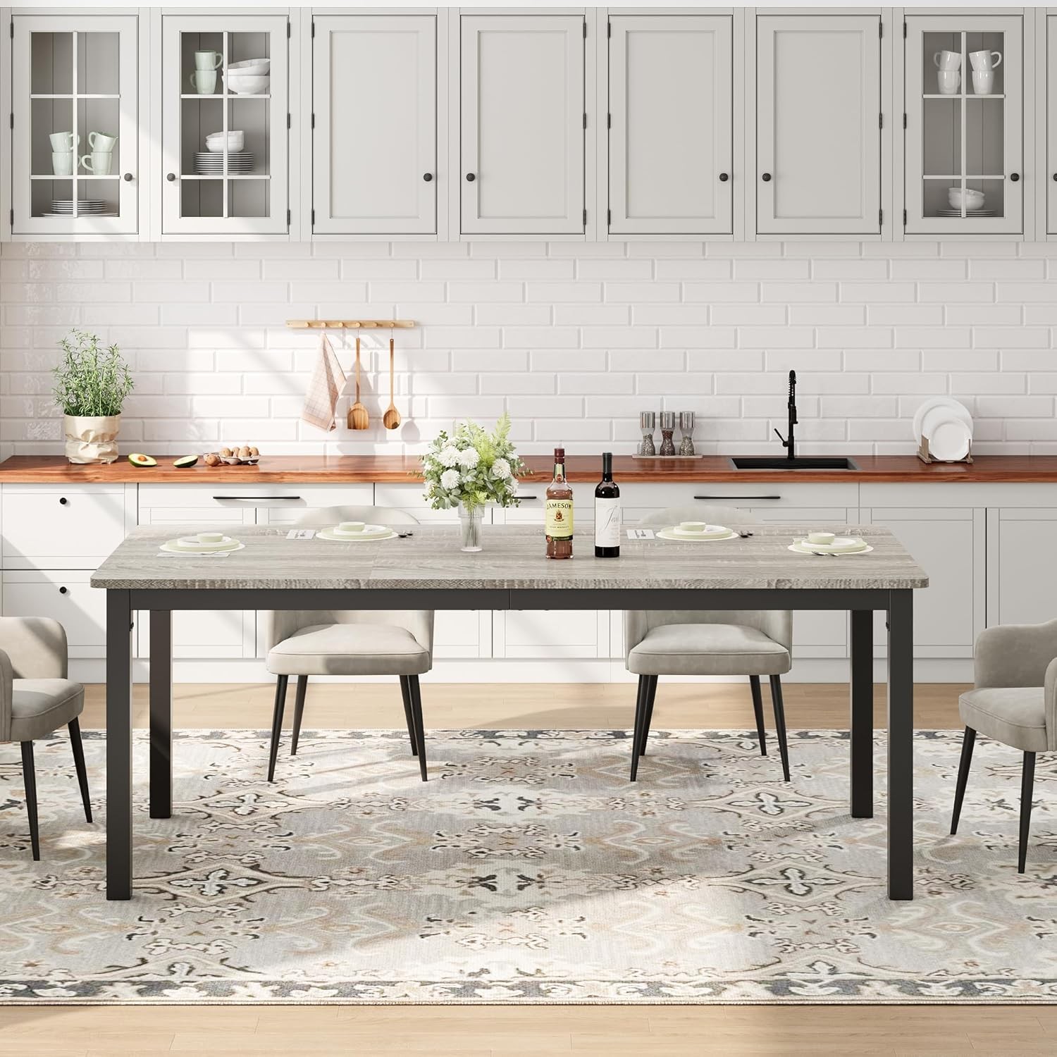 Grey 70.8 in Industrial Long Large Dining Table for 6-8 People Wooden Kitchen
