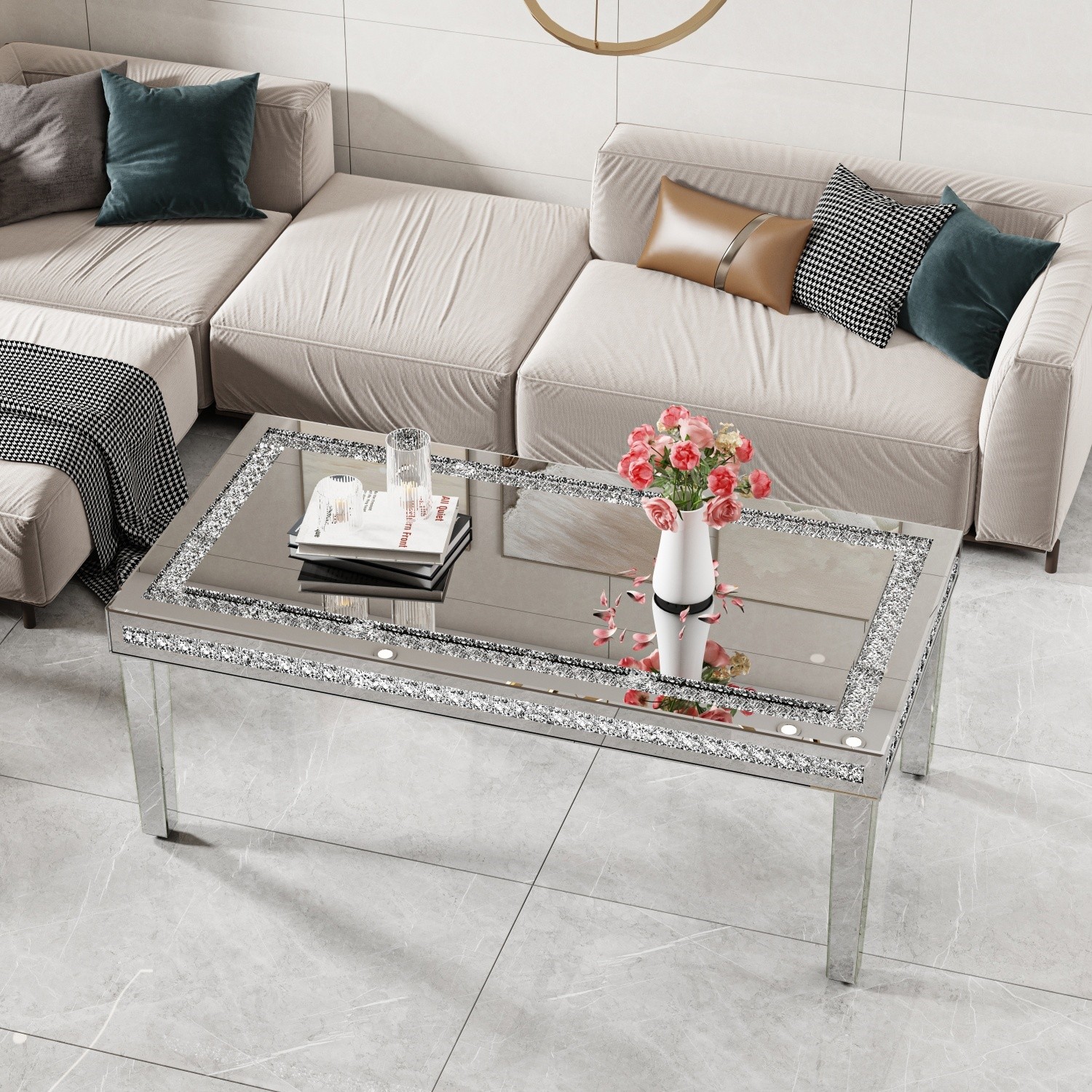 Silver Mirrored Coffee Table with Crystal Inlay Gorgeou Living Room Center Table