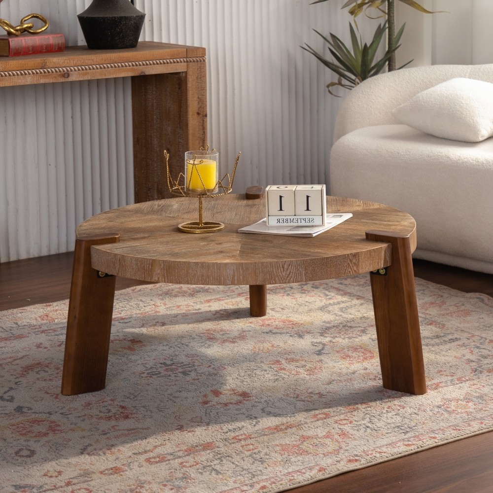 36.61″ Round Herringbone Coffee Table, Solid Wood & MDF, Natural Finish
