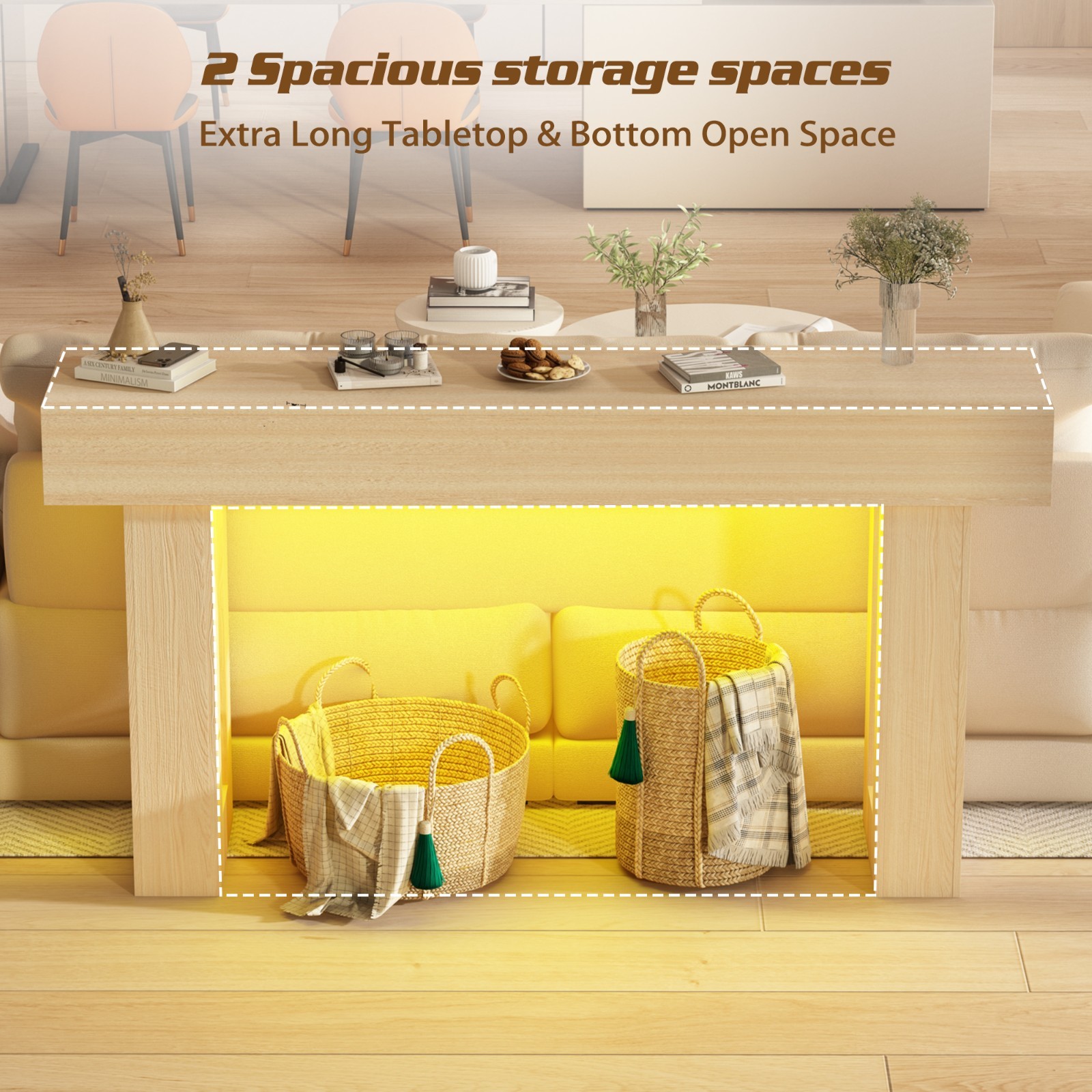 63 Inch Long Console Table with Outlets and USB Ports, Sofa Table with LED Light