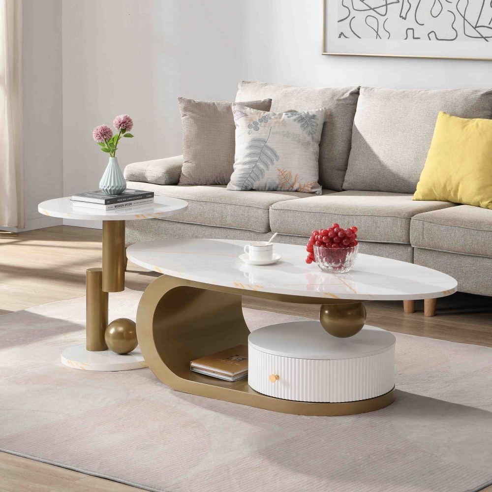 Modern Nesting Coffee Table Set of 2 Oval Round End TableGolden MDF Metal Frame