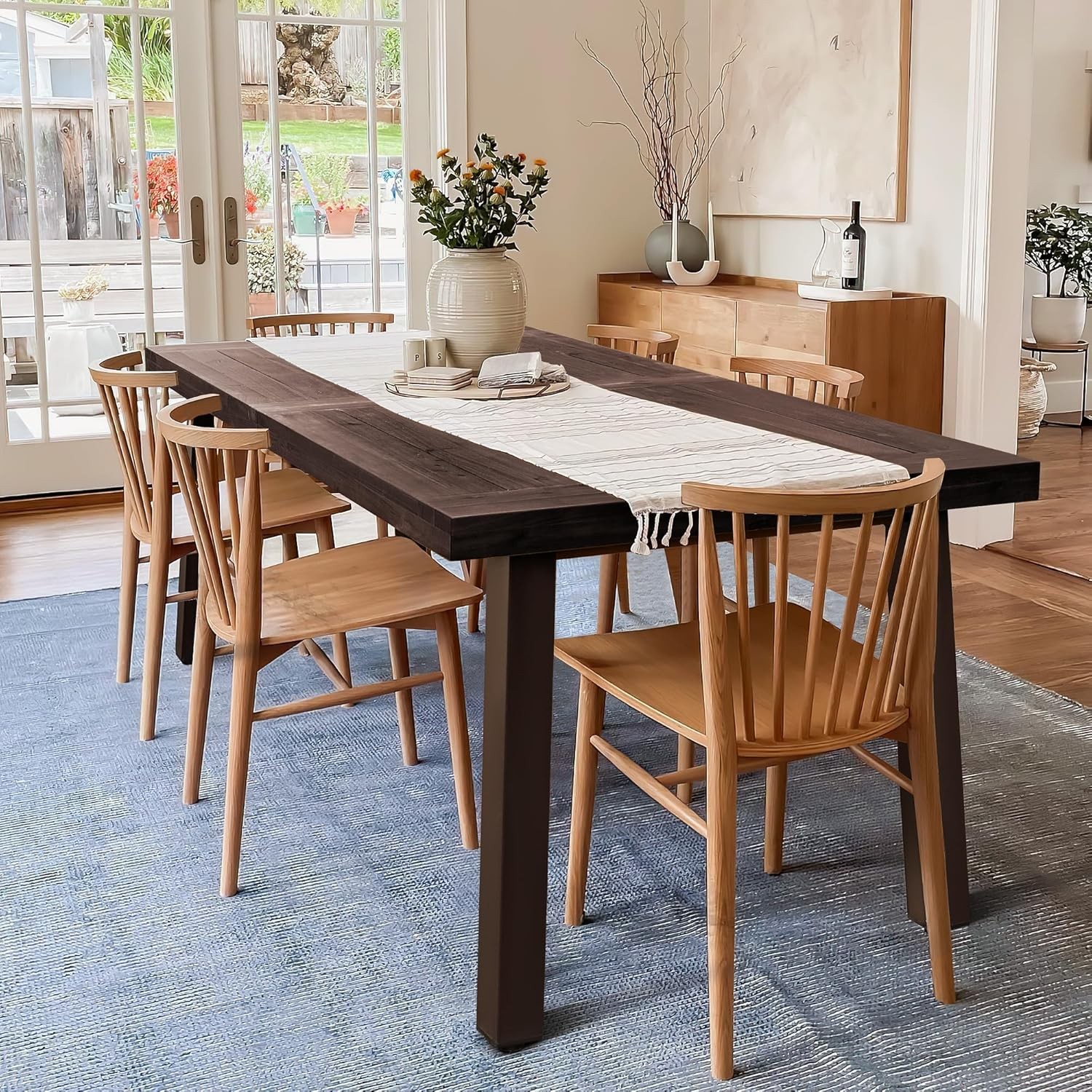 Home Acacia Wood Dining Table 6-Person Indoor Outdoor Table W/ Iron Legs NEW