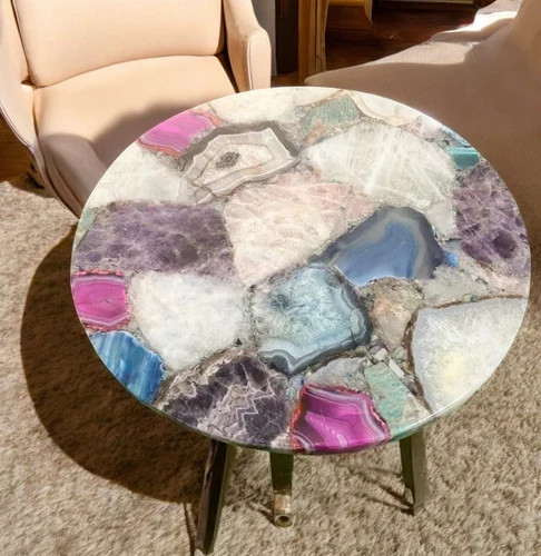 21″ Multicolor Agate Stone Side Table Luxury Gemstone Coffee Table Home Decor
