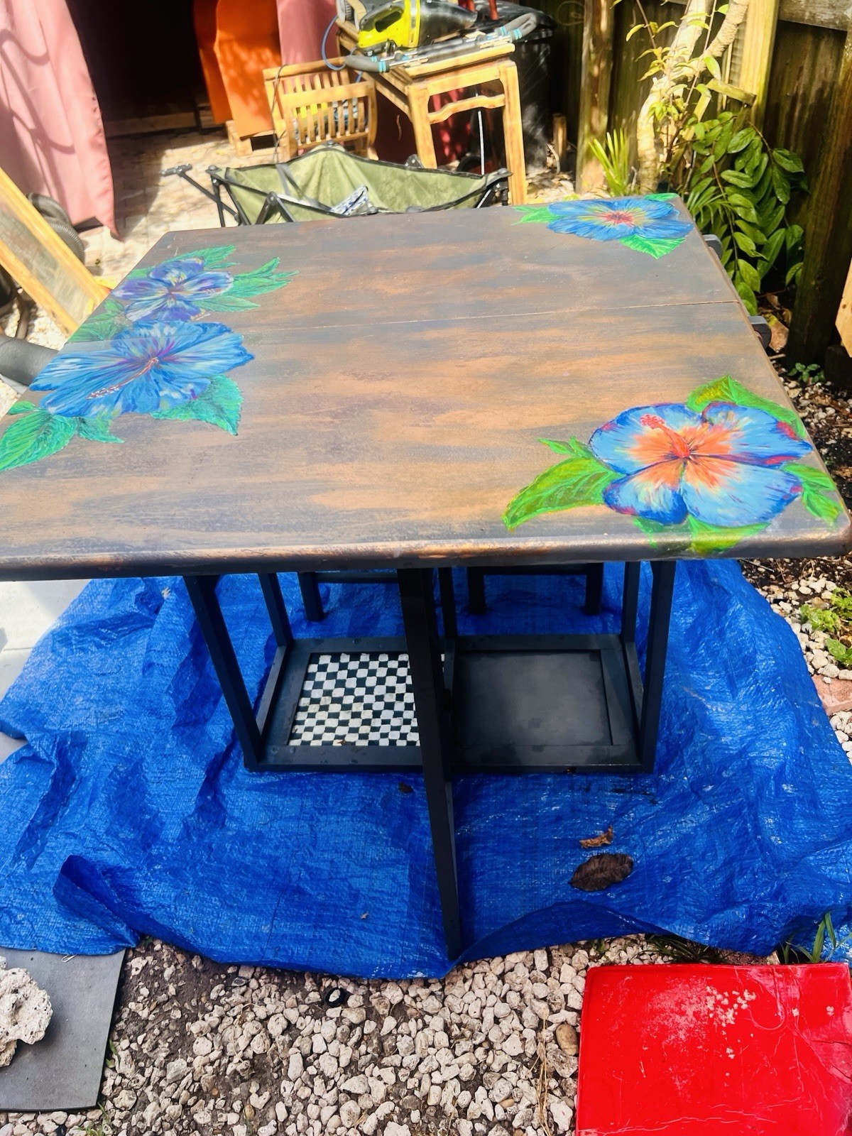 ArtistsWood Drop Leaf Table w/ 2 Drawers & 2 Stools, Floral Top, Rectangular
