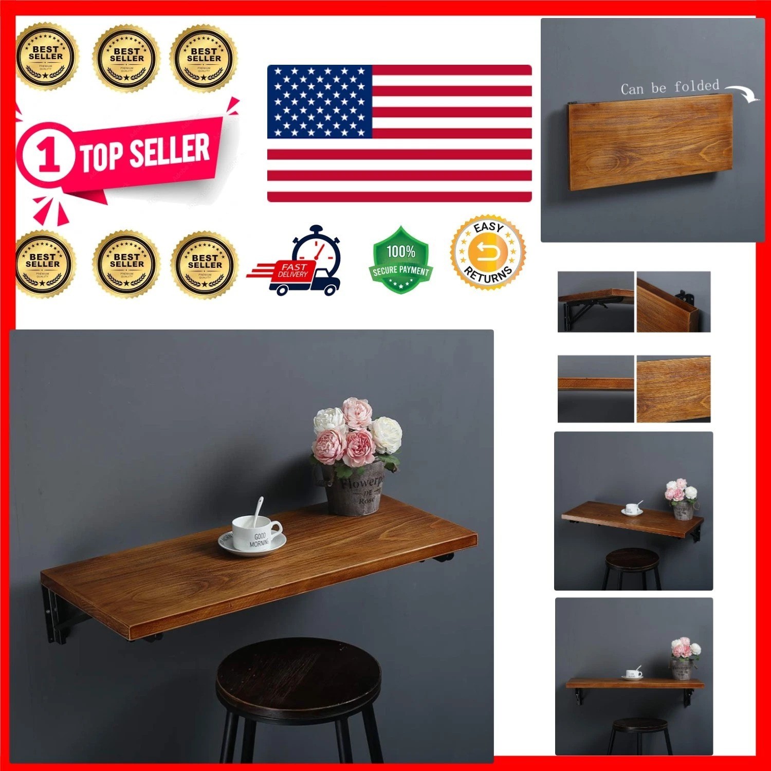 47″ Industrial Rustic Folding Wall-Mounted Workbench – Perfect for Small Spaces