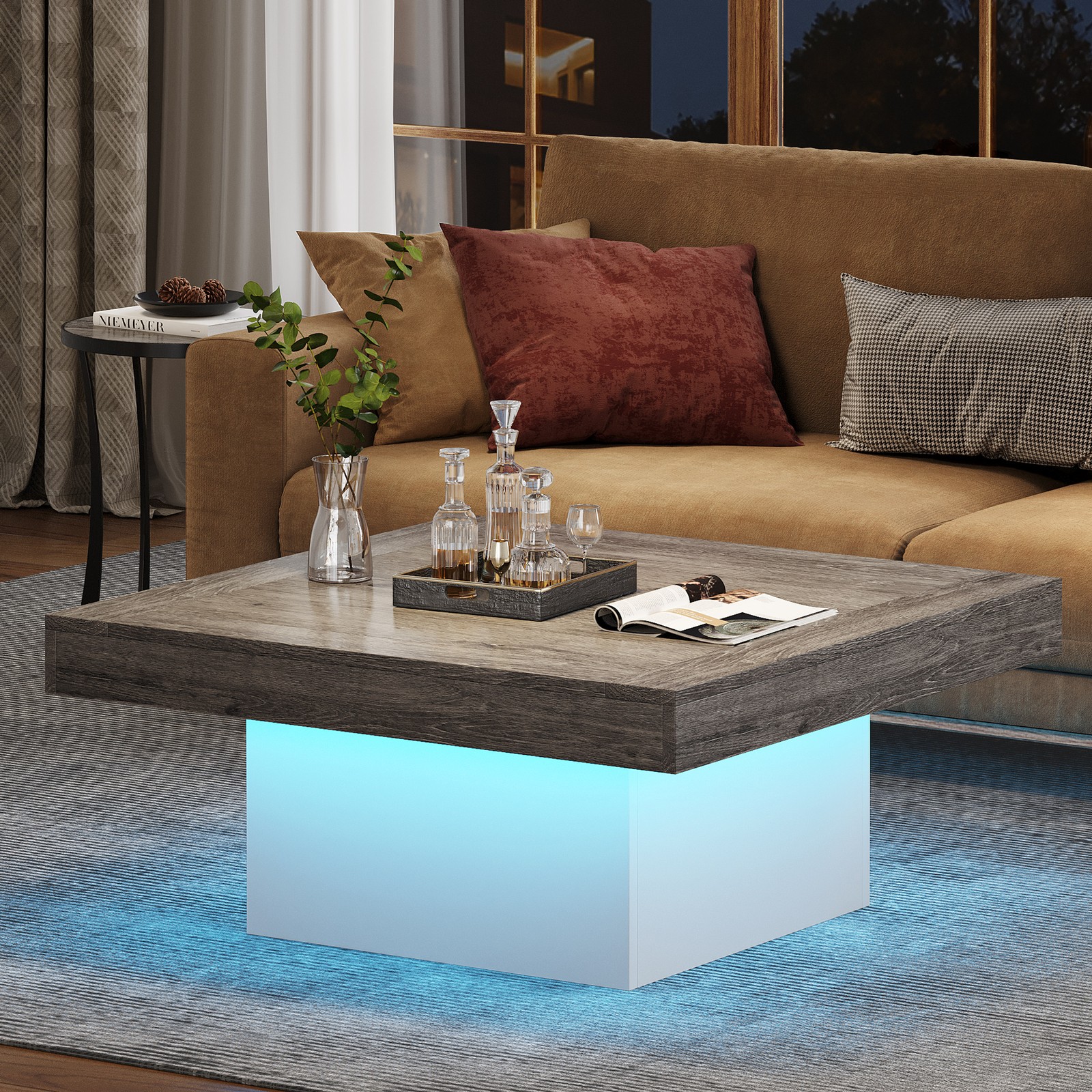 35″ Modern Square Coffee Table with Led Light, Wood Center Table for Living Room
