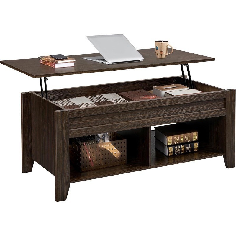 Lift Top Coffee Table with Hidden Storage Compartment & 2 Open Shelves Espresso