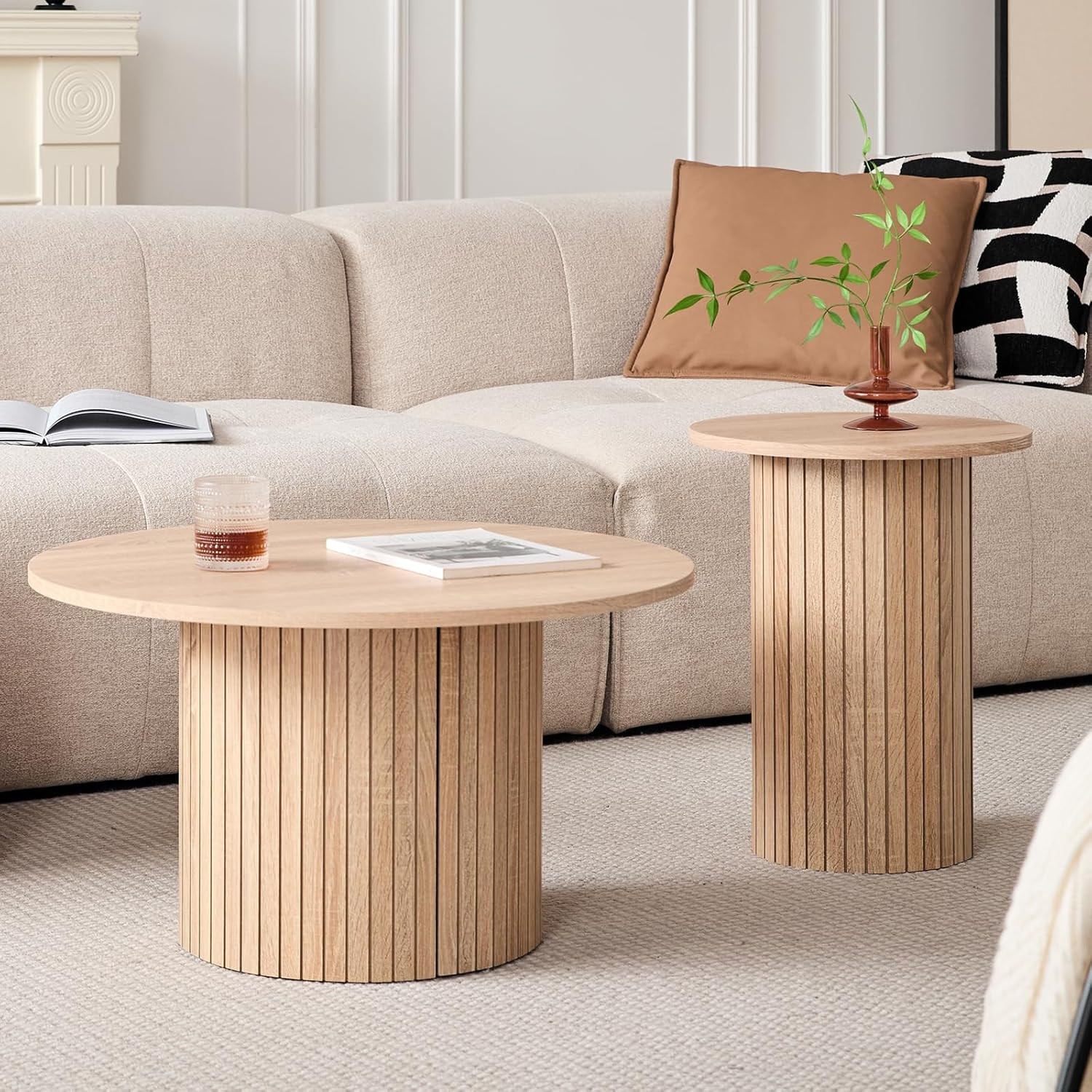 Round Nesting Coffee Tables Set of 2 -φ27.6 Large Short φ15.8 Small Tall Boho