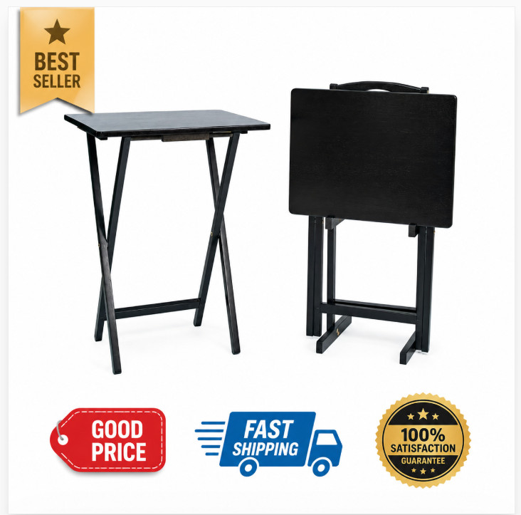 Rubberwood Folding TV Tray Table Set 2Pc Black with Storage Rack