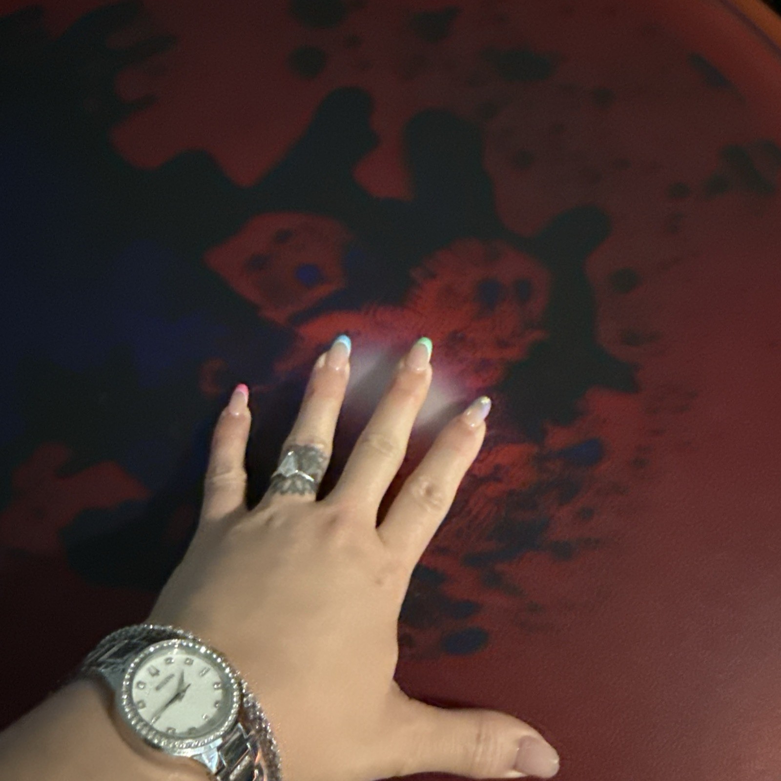 Italian Space Age Round Coffee Table Plastic/Metal Tie Dye Effect Red/Blue 1970s