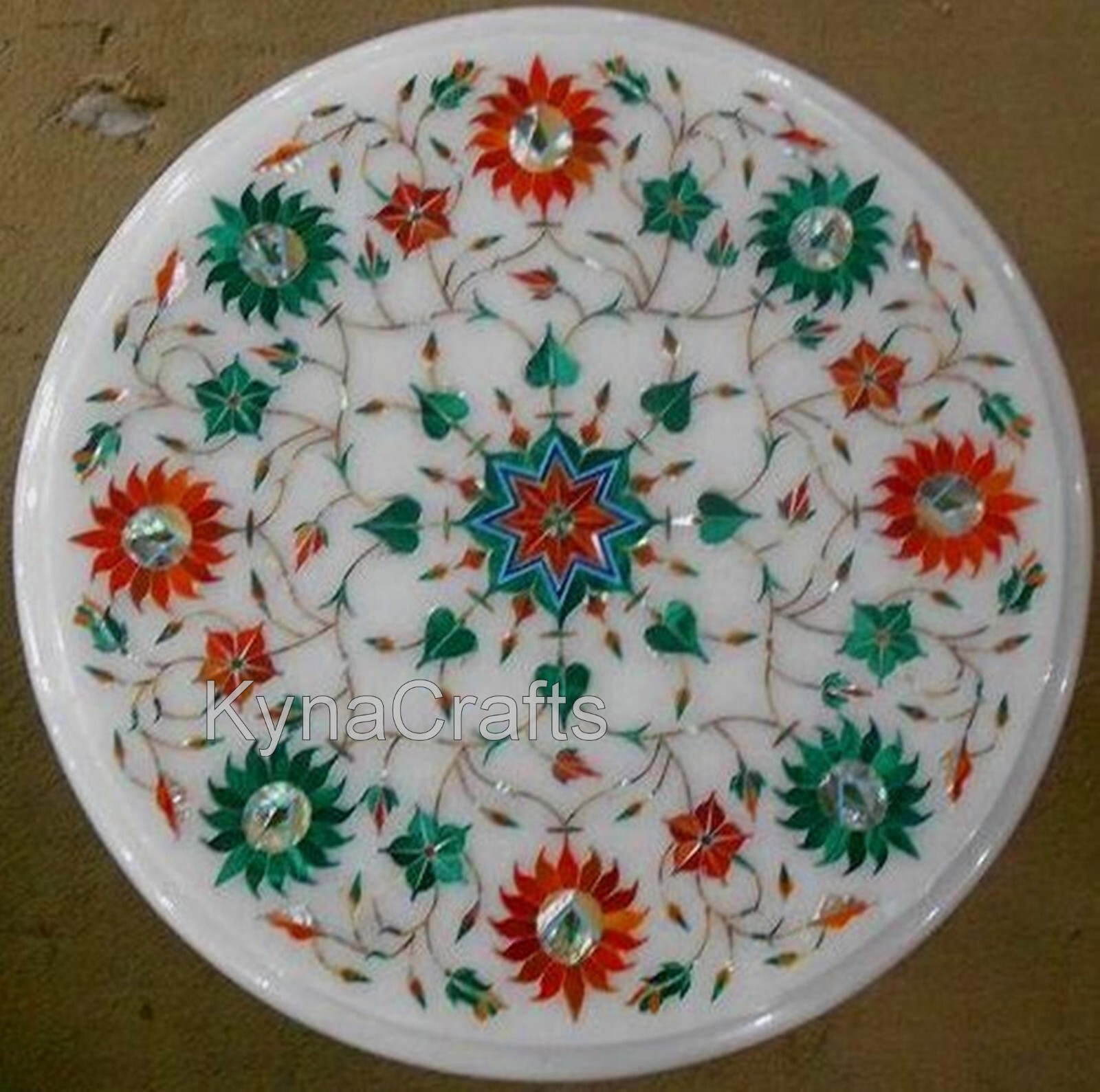 Round Marble Coffee Table Top Multicolor Stone Inlay Work End Table for Hallway