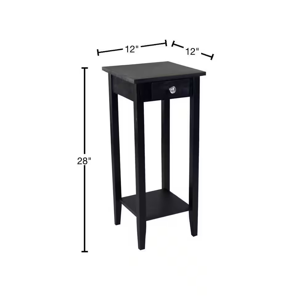 12 In. Square Black 27 In. Tall Square Wood End Table with Drawer and Shelf
