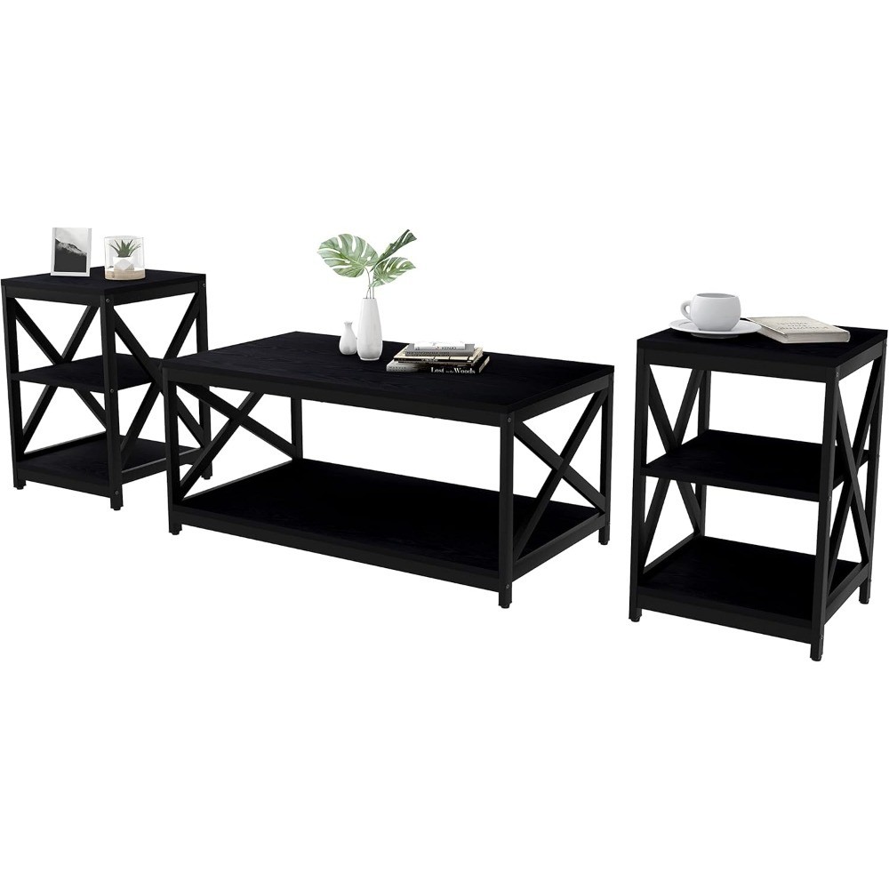 X-Design Industrial Coffee Table Set of 3 Pieces with 2 End Tables and Large