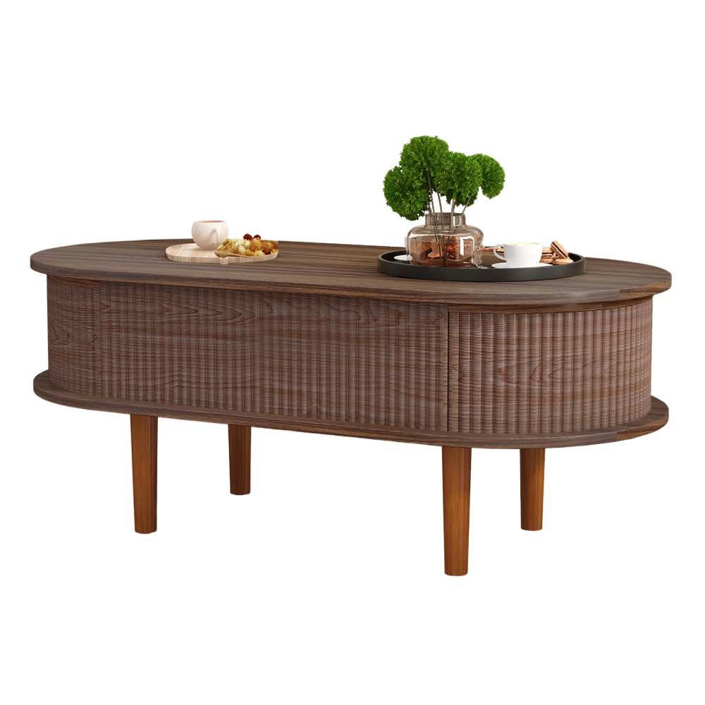 Fluted Lift Top Coffee Table Hidden Compartment Wooden Modern Oval