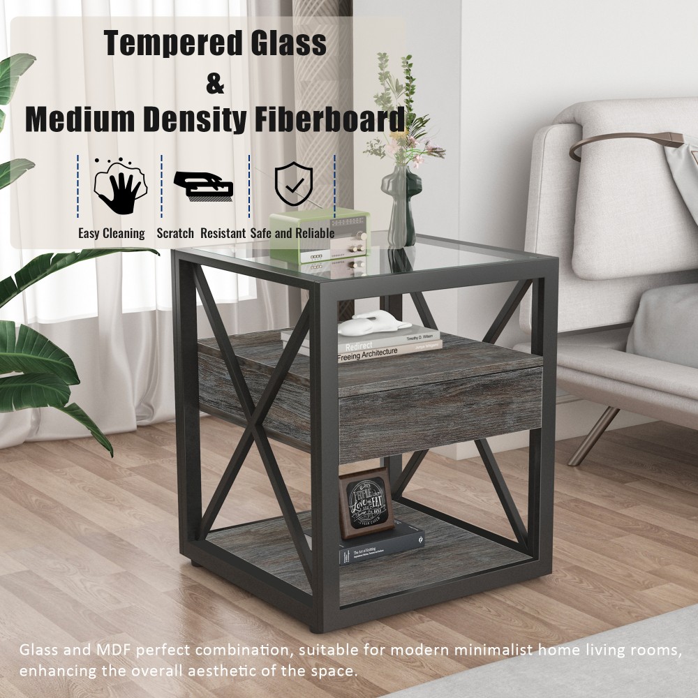 2x Rustic Wood End Table w/ Drawer & Glass Top, Industrial Nightstand