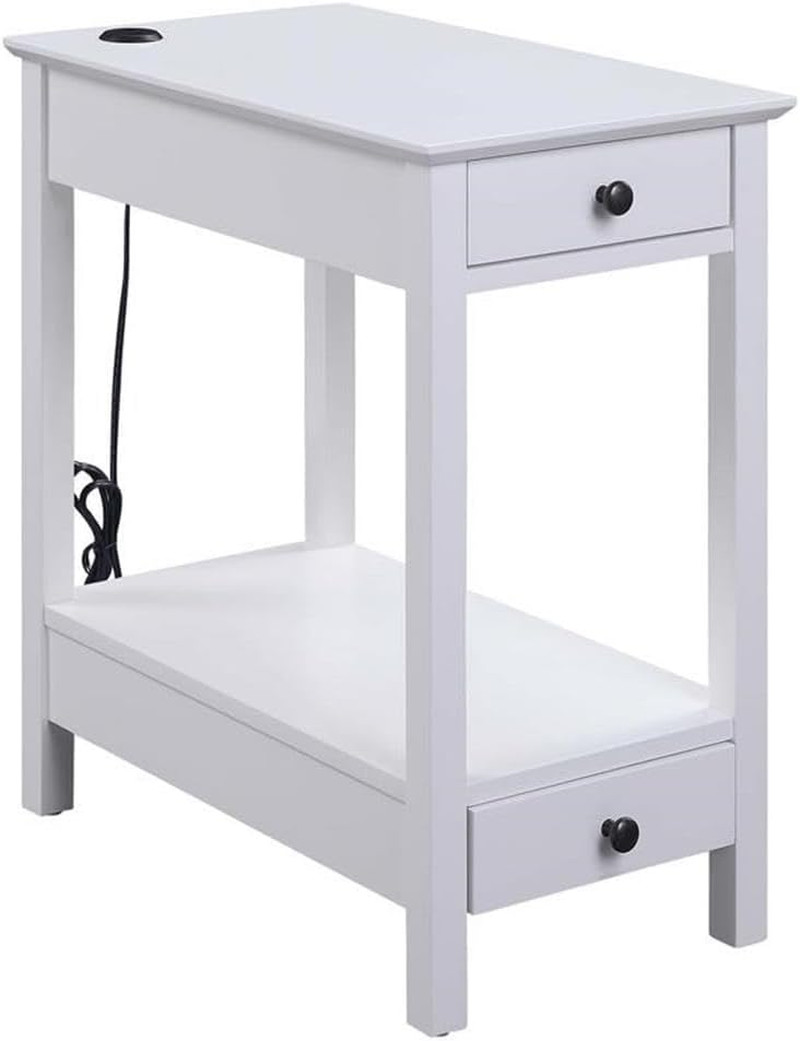 Byzad White Wooden Side Table with USB Charging and 2 Drawers