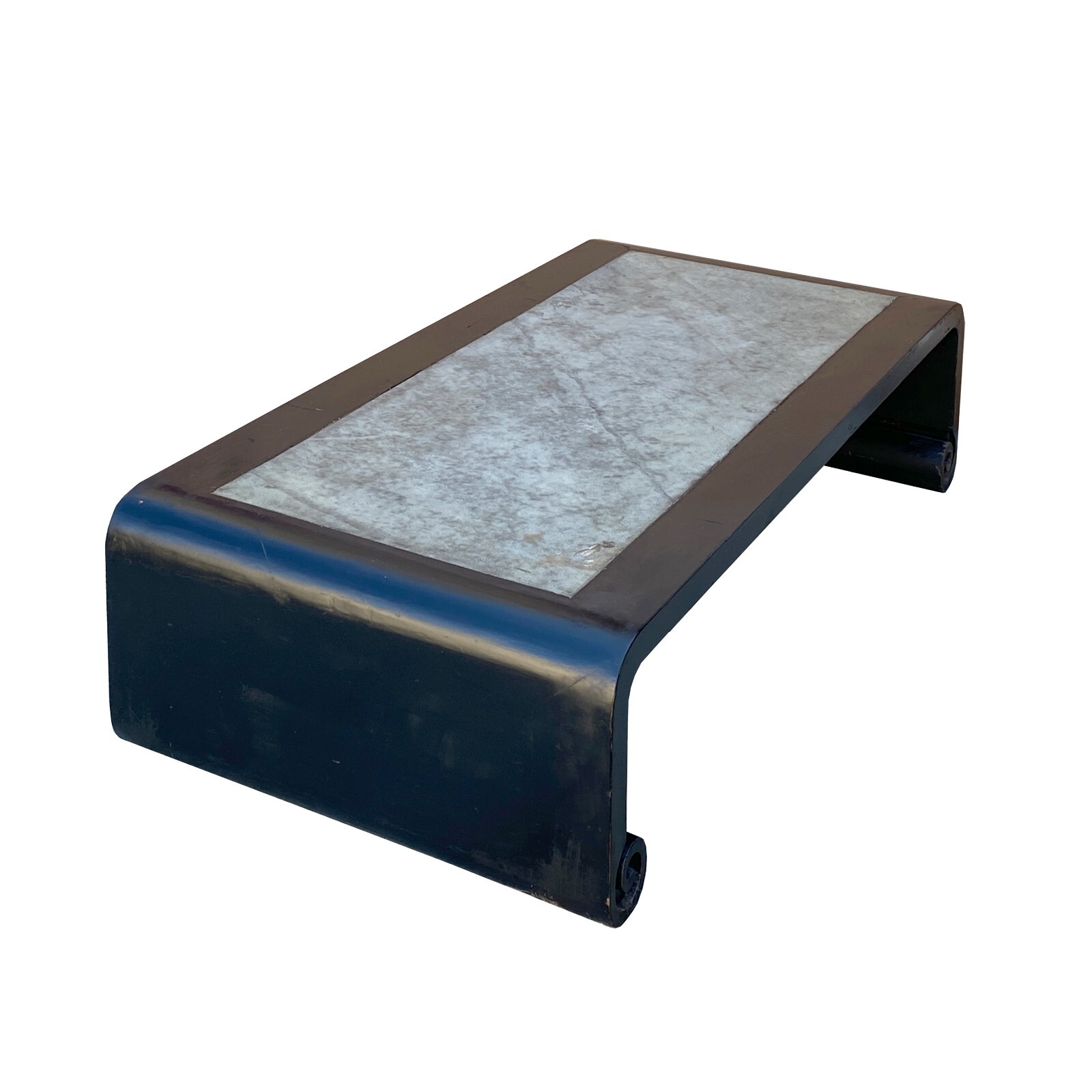 Distressed Black Lacquer Stone Top Scroll Legs Rectangular Coffee Table cs7287
