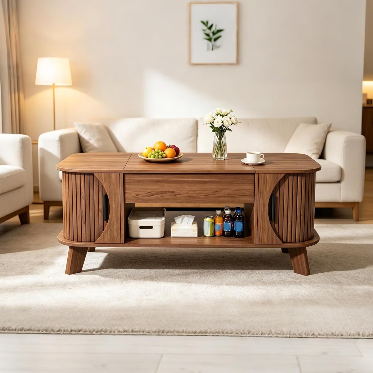 Lift Top Fluted Coffee Table with Storage/Hidden Compartment for Living Room