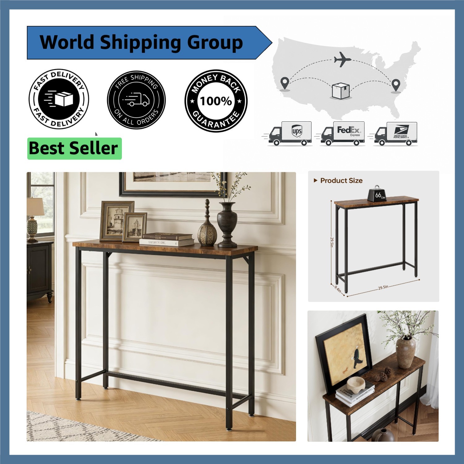 Elegant Industrial Narrow Console Table – Space-Saving Design, 29.5″ x 9.4″