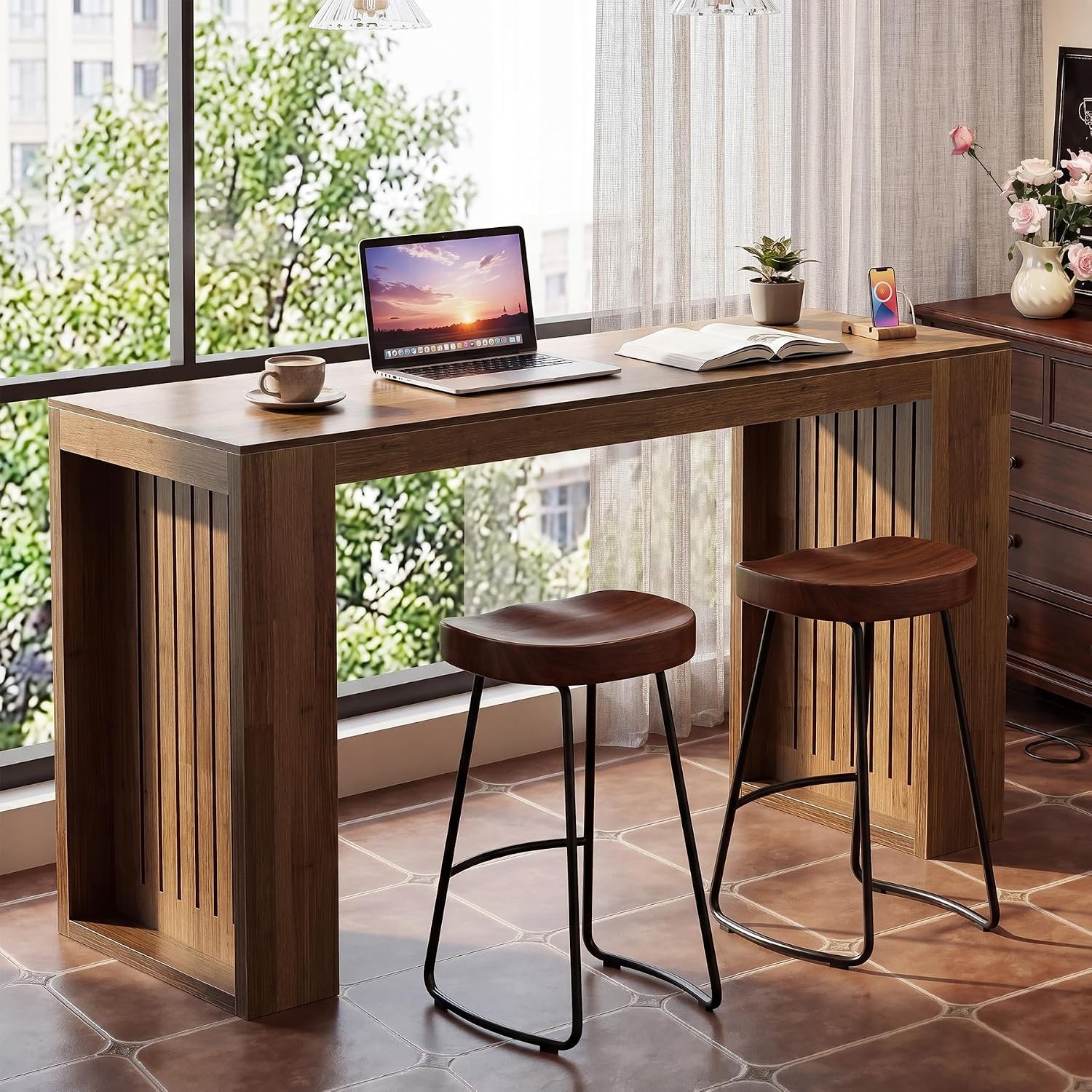 63-Inch Rectangular Bar Table, Modern Counter Height Home Bar Unit for Bistro
