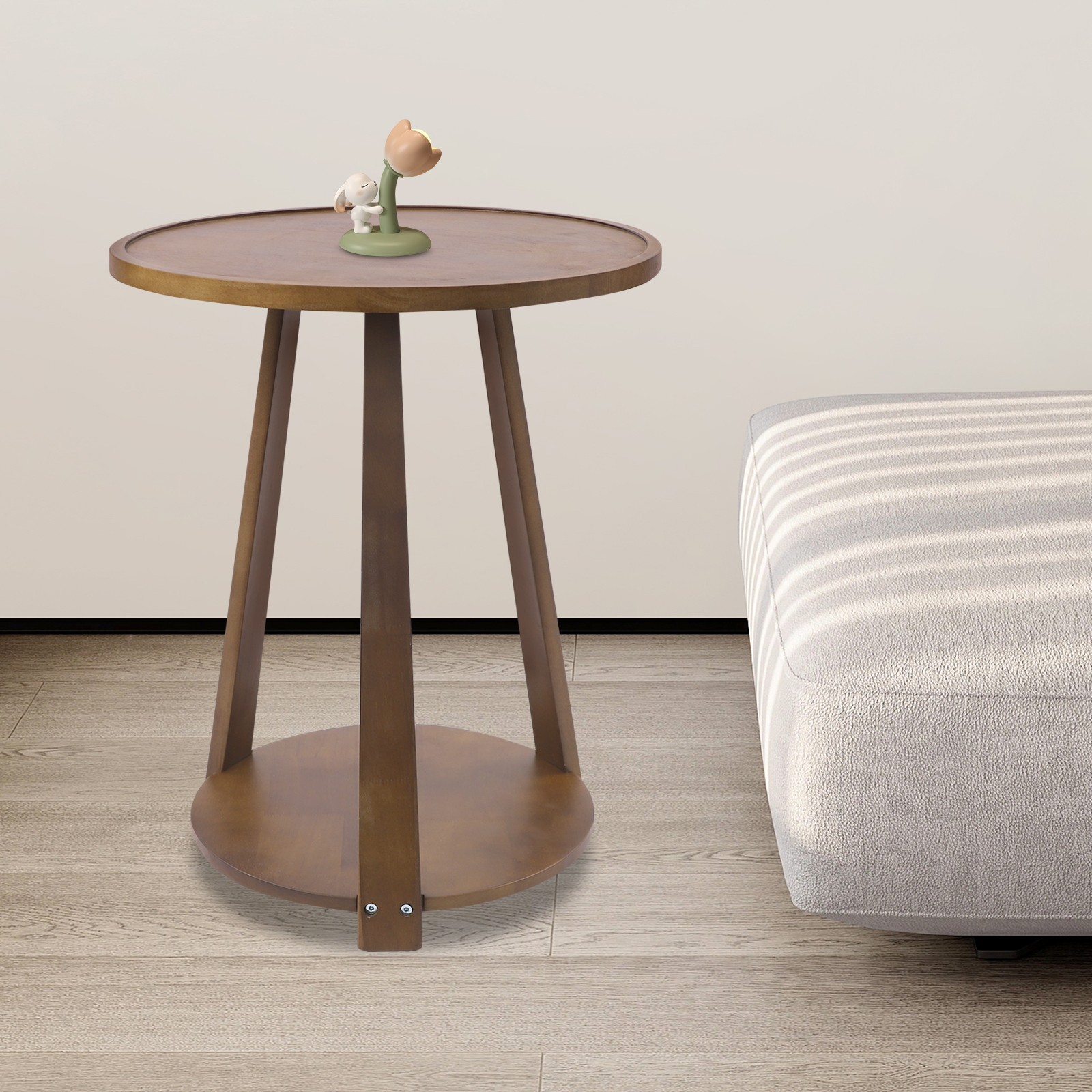 25kg Capacity Round Side Table 2-Tier Home Side Table Rubberwood Couch End Table