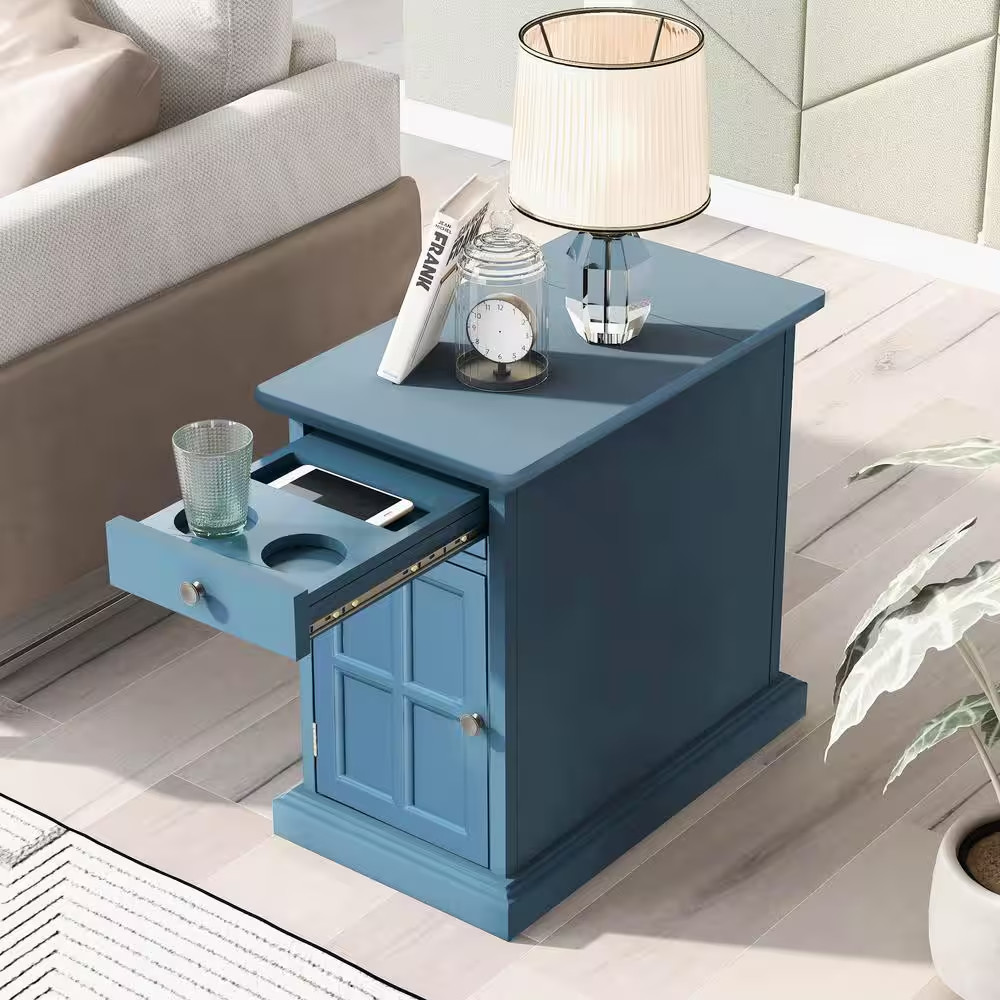 24 In. Navy Rectangle Wood End Table with USB Ports and 1-Drawer W/Cup Holders S