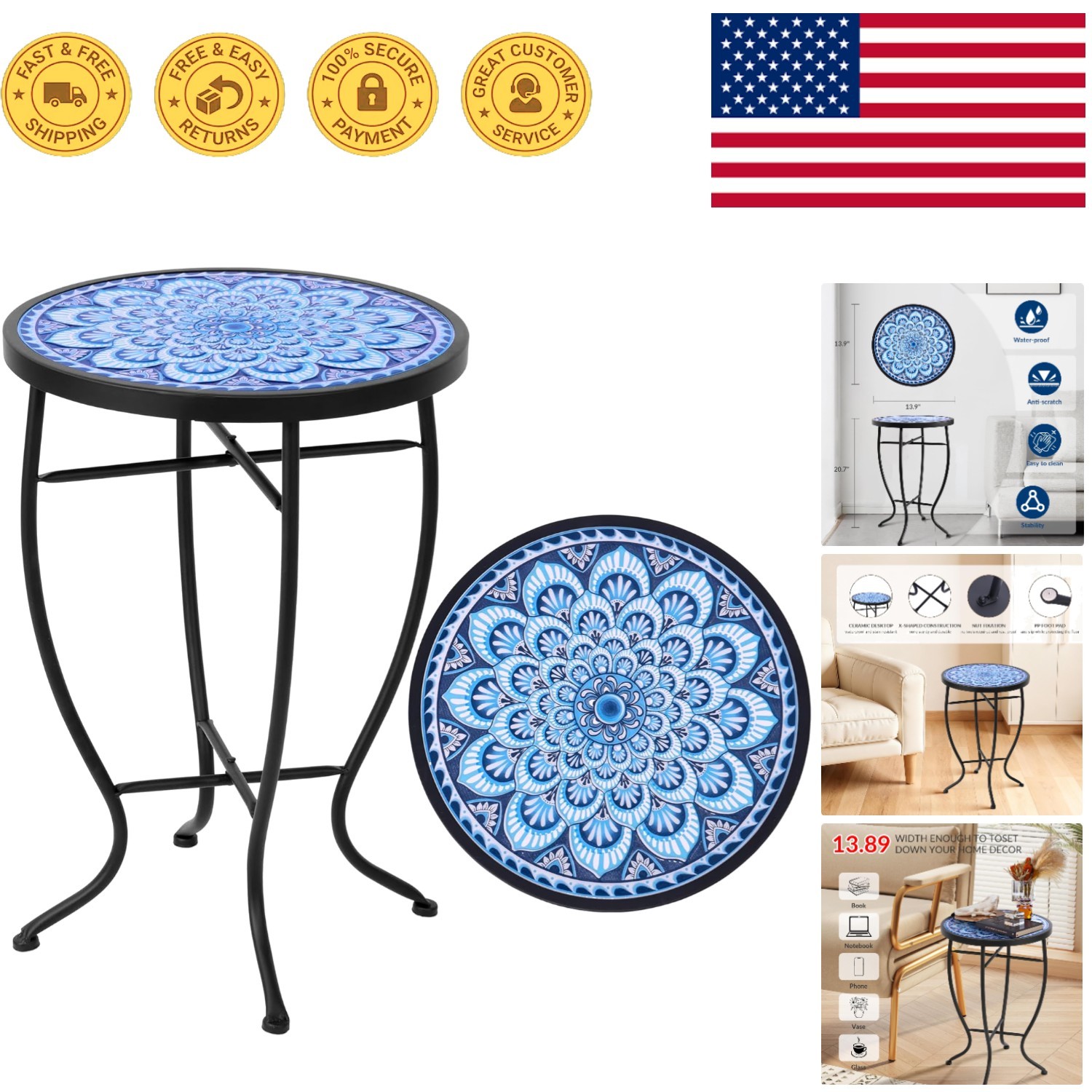 Durable 14-Inch Round Mosaic Tile Top Table – Perfect for Garden & Living Room
