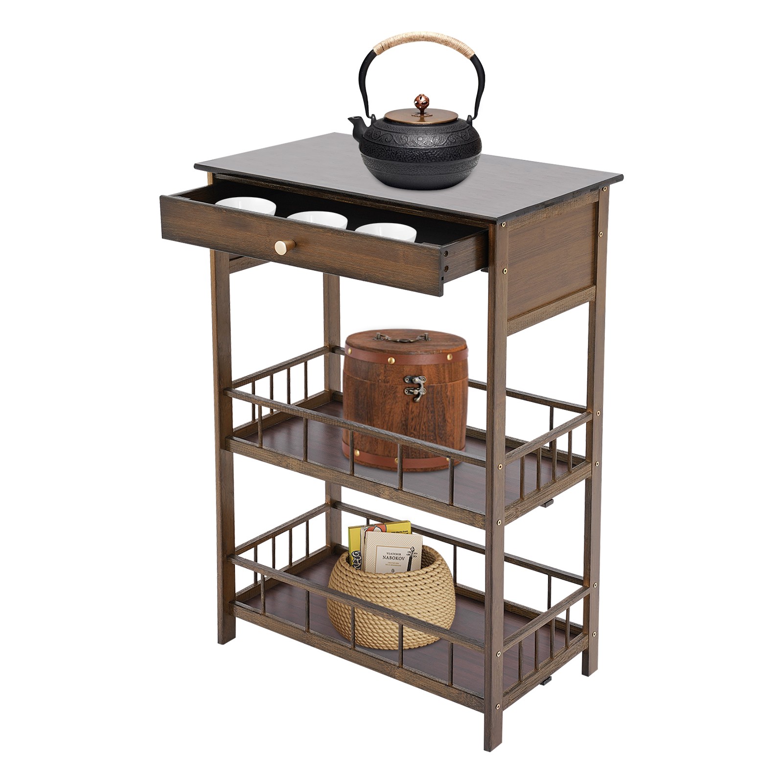 3 Tiers Side Table Side Table with Storage Drawer Bamboo End Table Tea Table