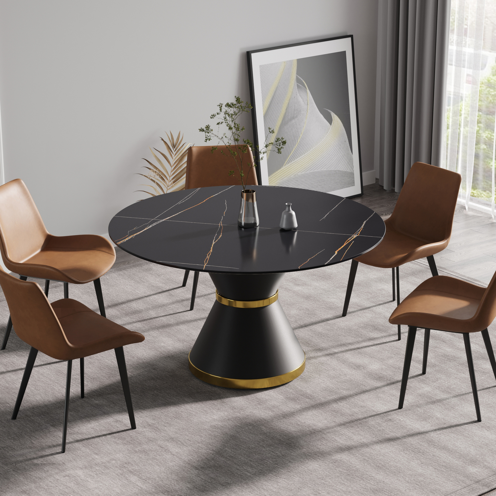 53″ Modern Round Dining Table Black Artificial Stone Top W/Carbon Steel Base