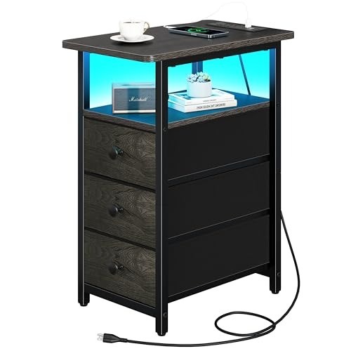 Stylish Narrow Nightstand with LED Technology & Charging Ports – Space Saver