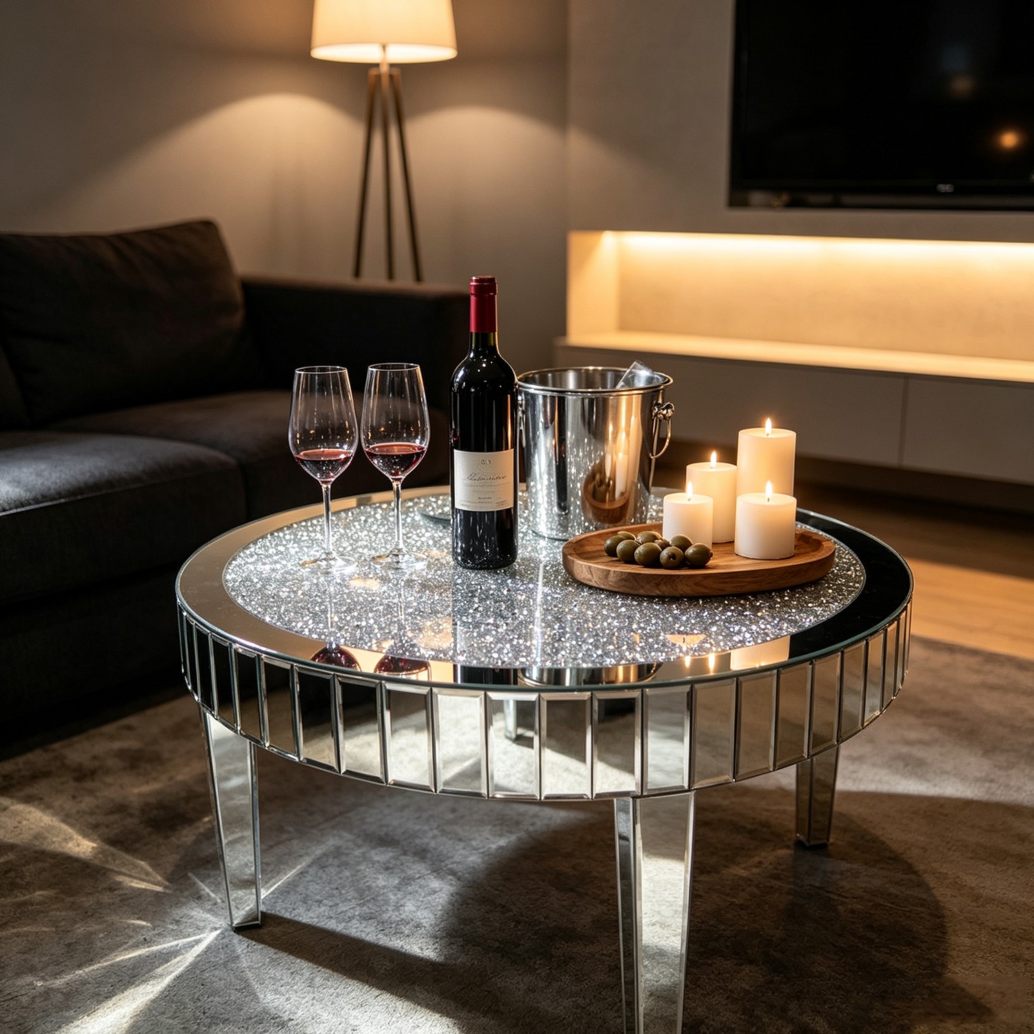 24″/32″ Glam Round Mirrored Coffee Table Crystal Diamond Inlay Sofa Accent Table